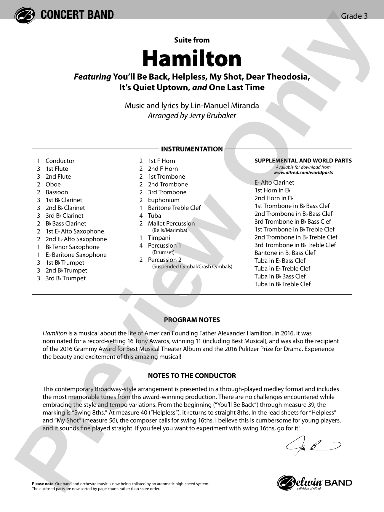 Hamilton, Suite from: Concert Band Conductor Score & Parts