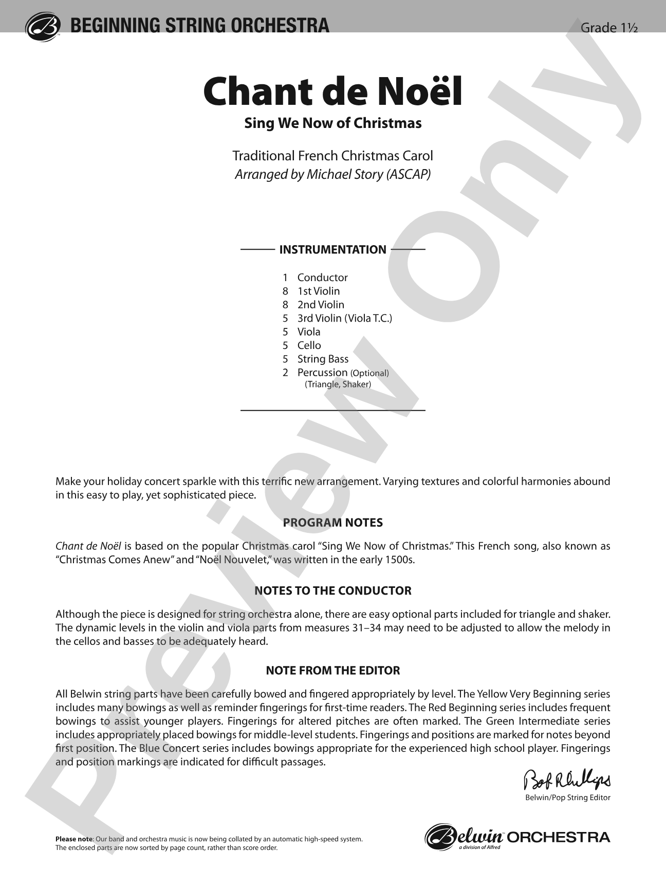 Chant de Noel: String Orchestra Conductor Score & Parts