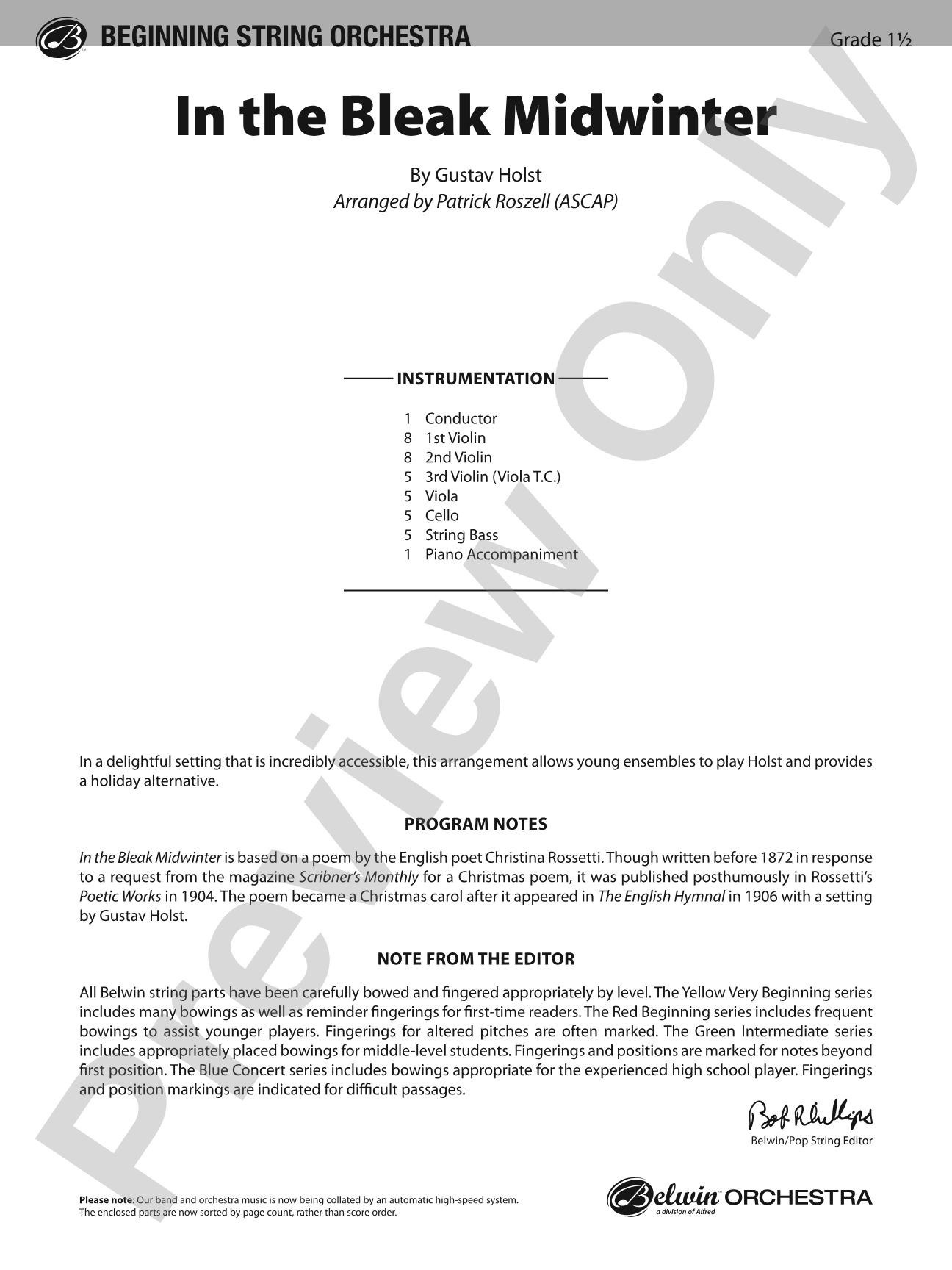 In the Bleak Midwinter: String Orchestra Conductor Score & Parts