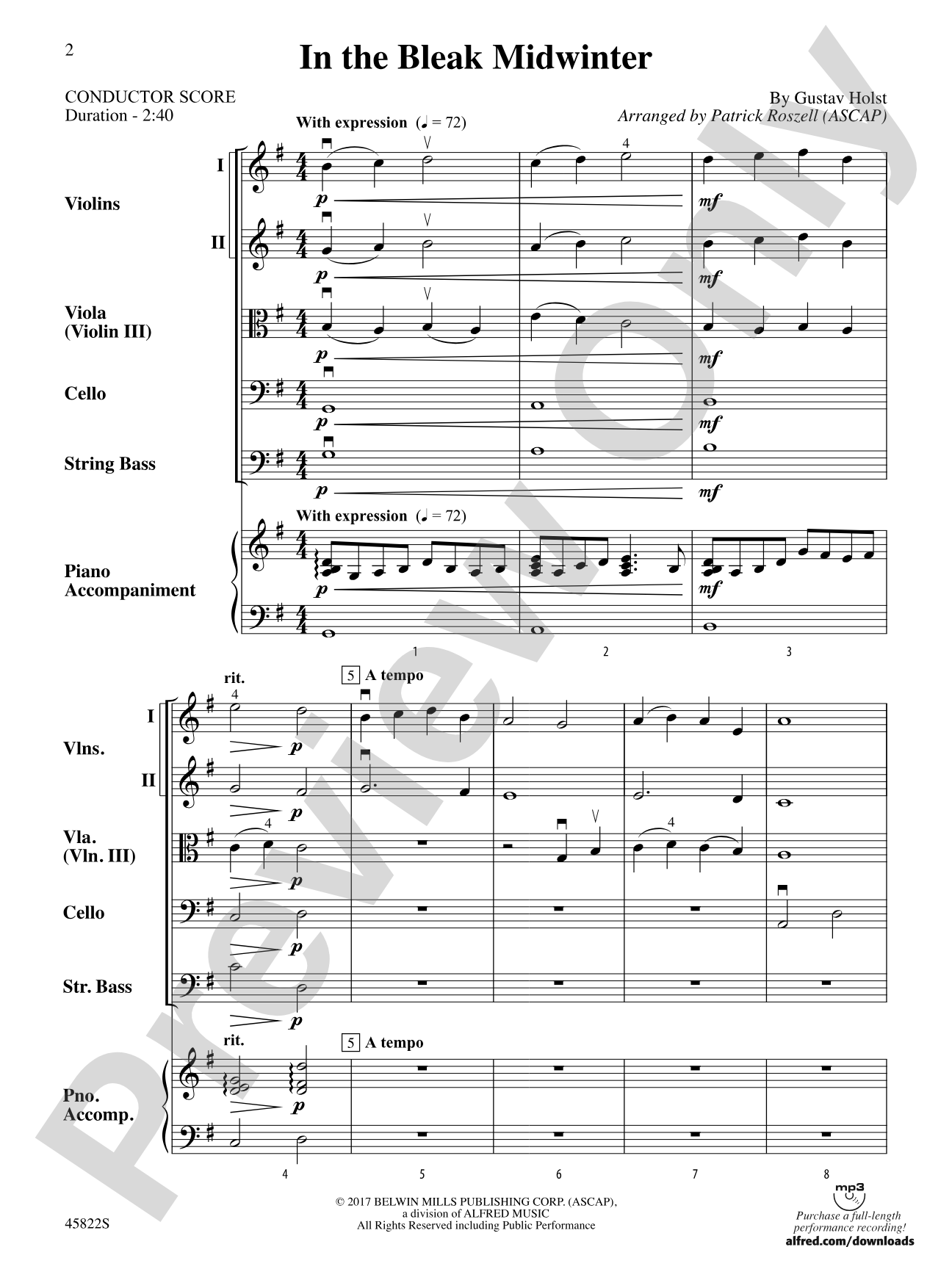 In the Bleak Midwinter: String Orchestra Conductor Score & Parts