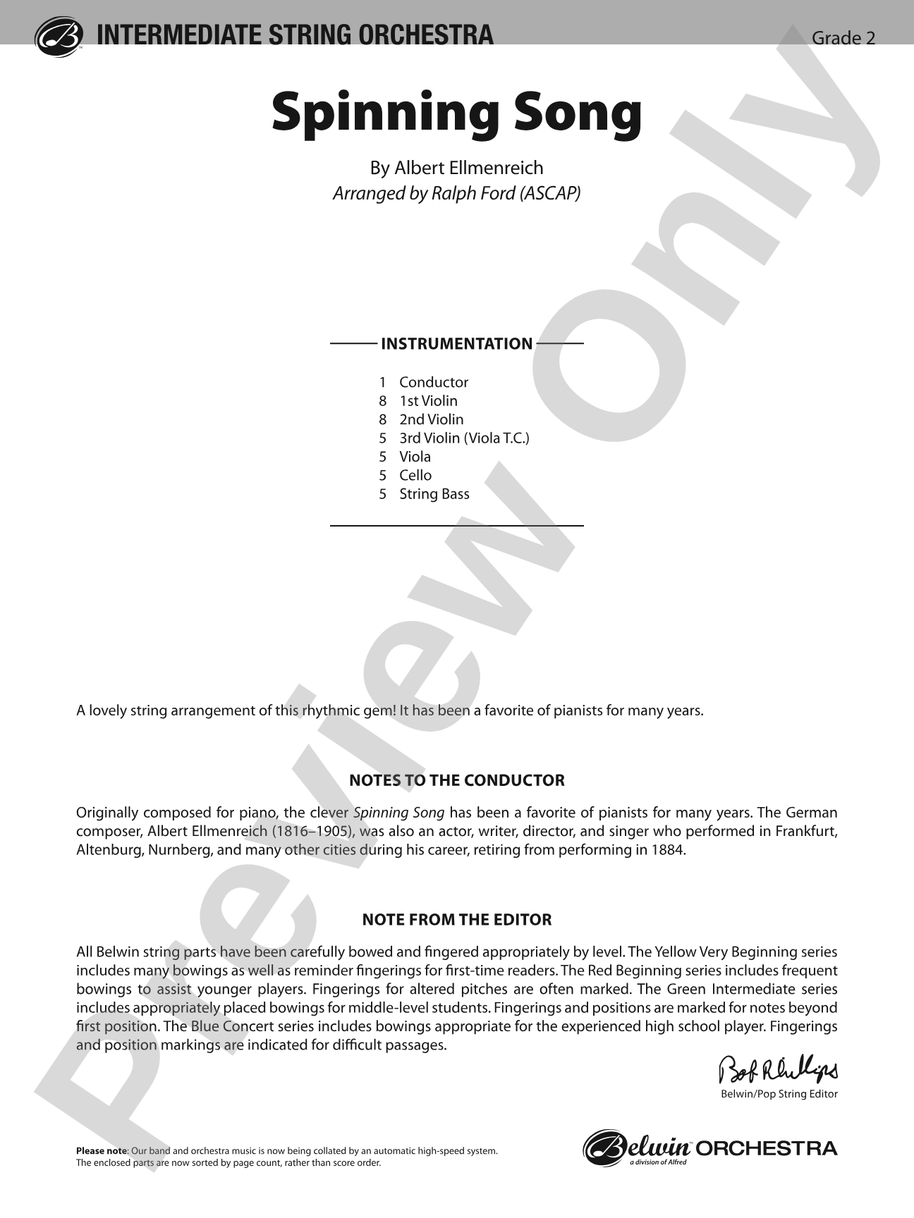 Spinning Song: String Orchestra Conductor Score & Parts