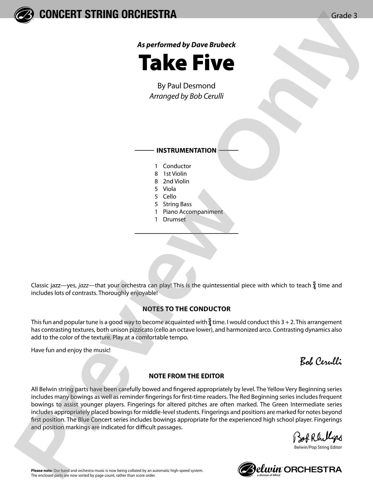 Take Five: String Orchestra Conductor Score & Parts