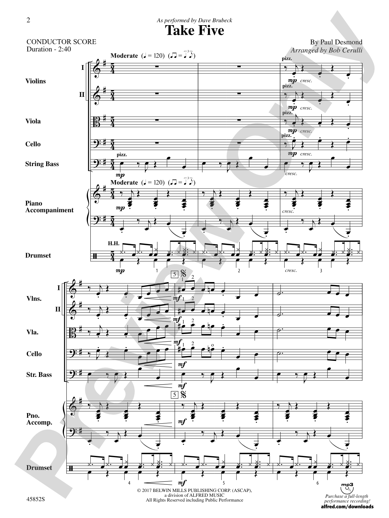 Take Five: String Orchestra Conductor Score & Parts
