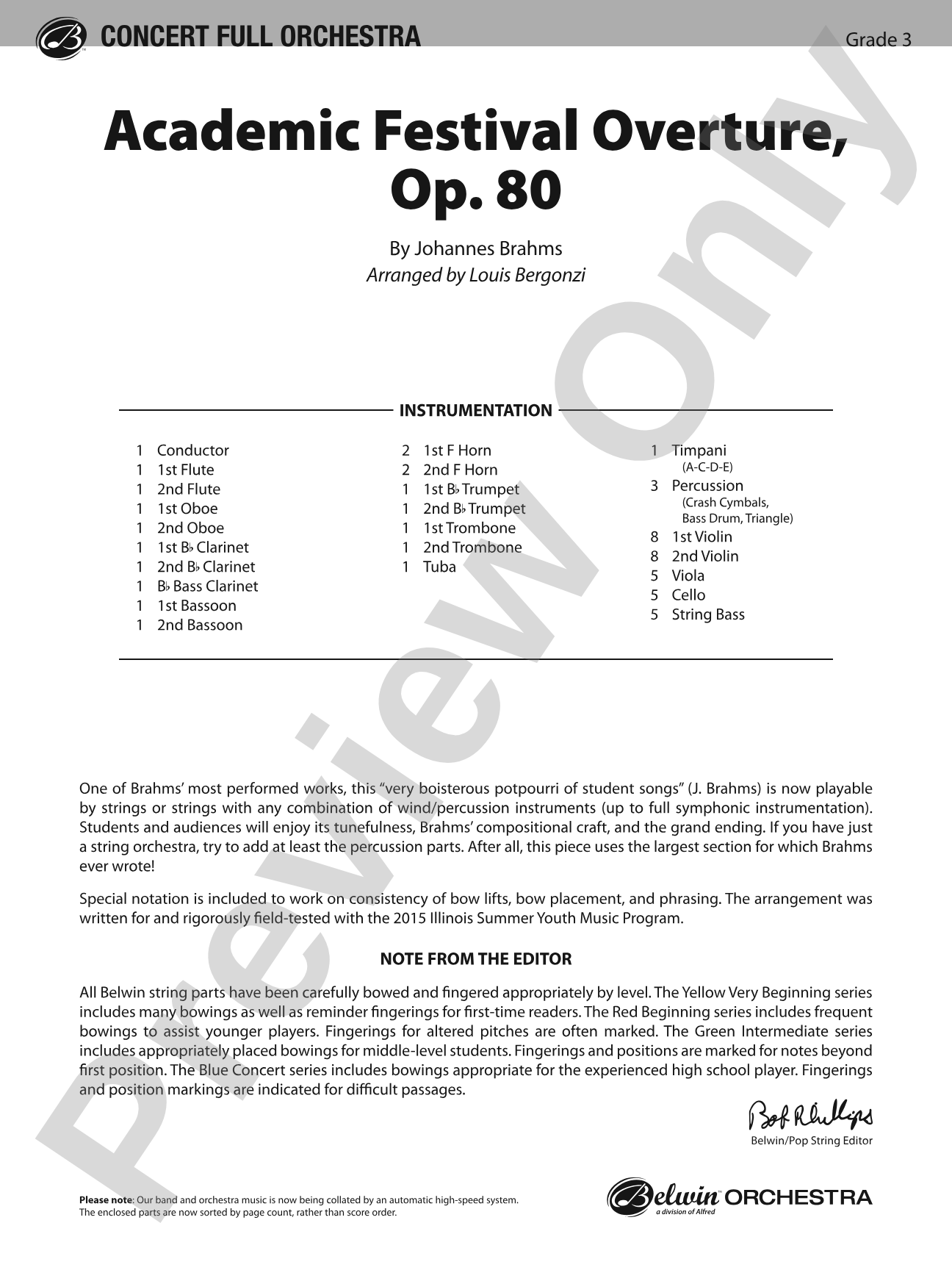 Academic Festival Overture, Op. 80: Full Orchestra Conductor Score & Parts