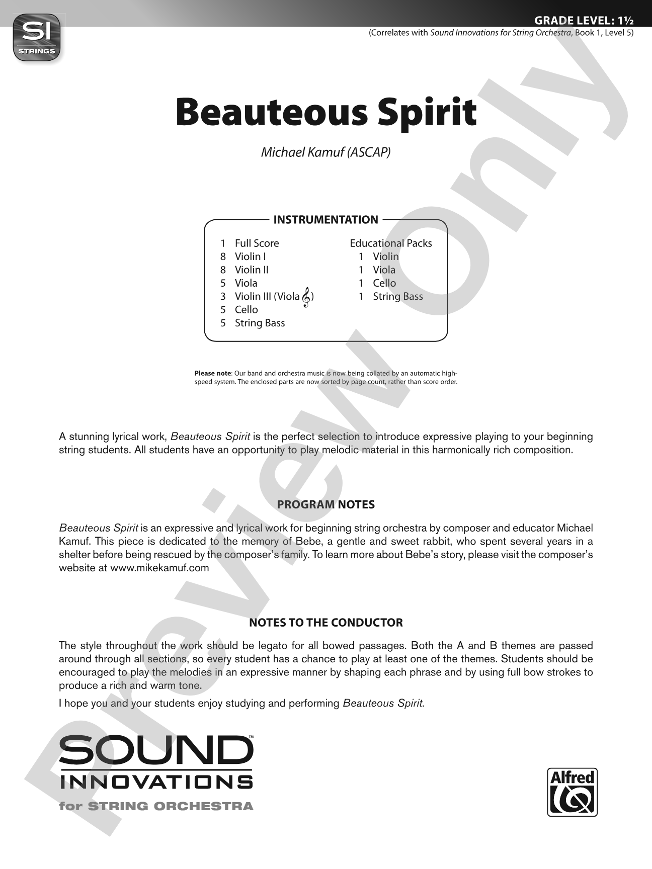 Beauteous Spirit: String Orchestra Conductor Score & Parts