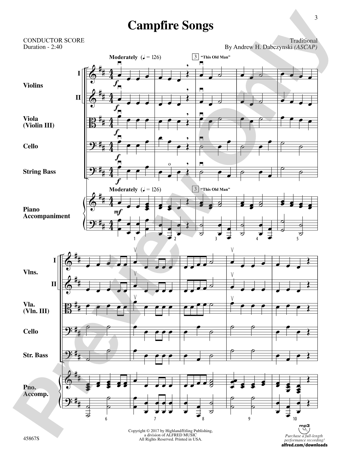 Campfire Songs: String Orchestra Conductor Score & Parts