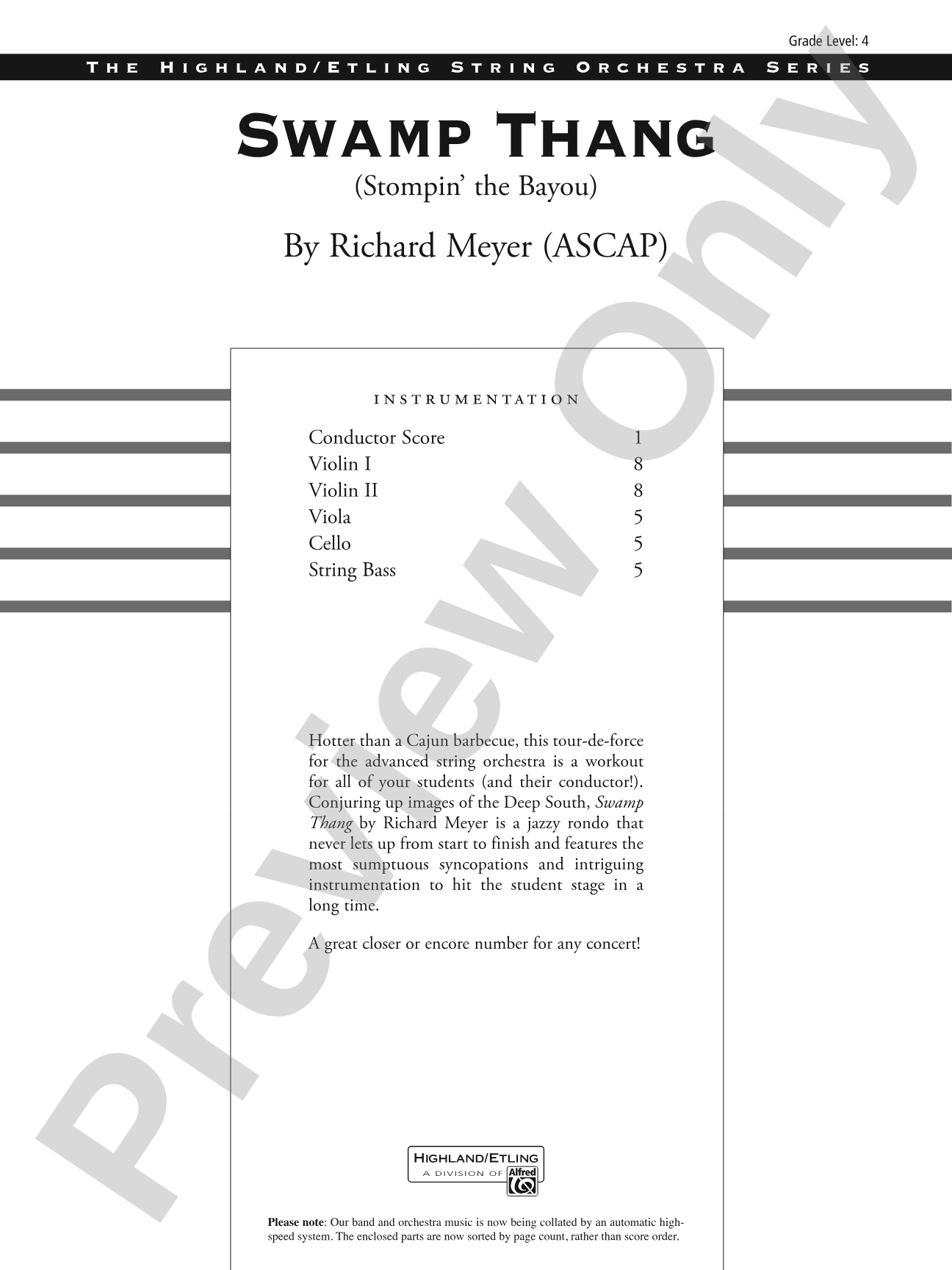 Swamp Thang: String Orchestra Conductor Score & Parts