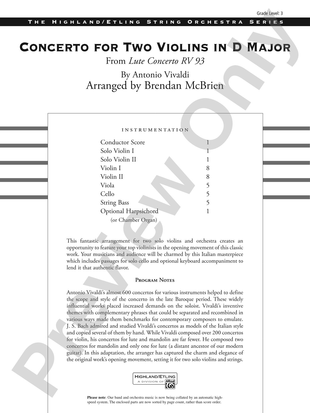 Concerto for Two Violins in D Major: String Orchestra Conductor Score & Parts