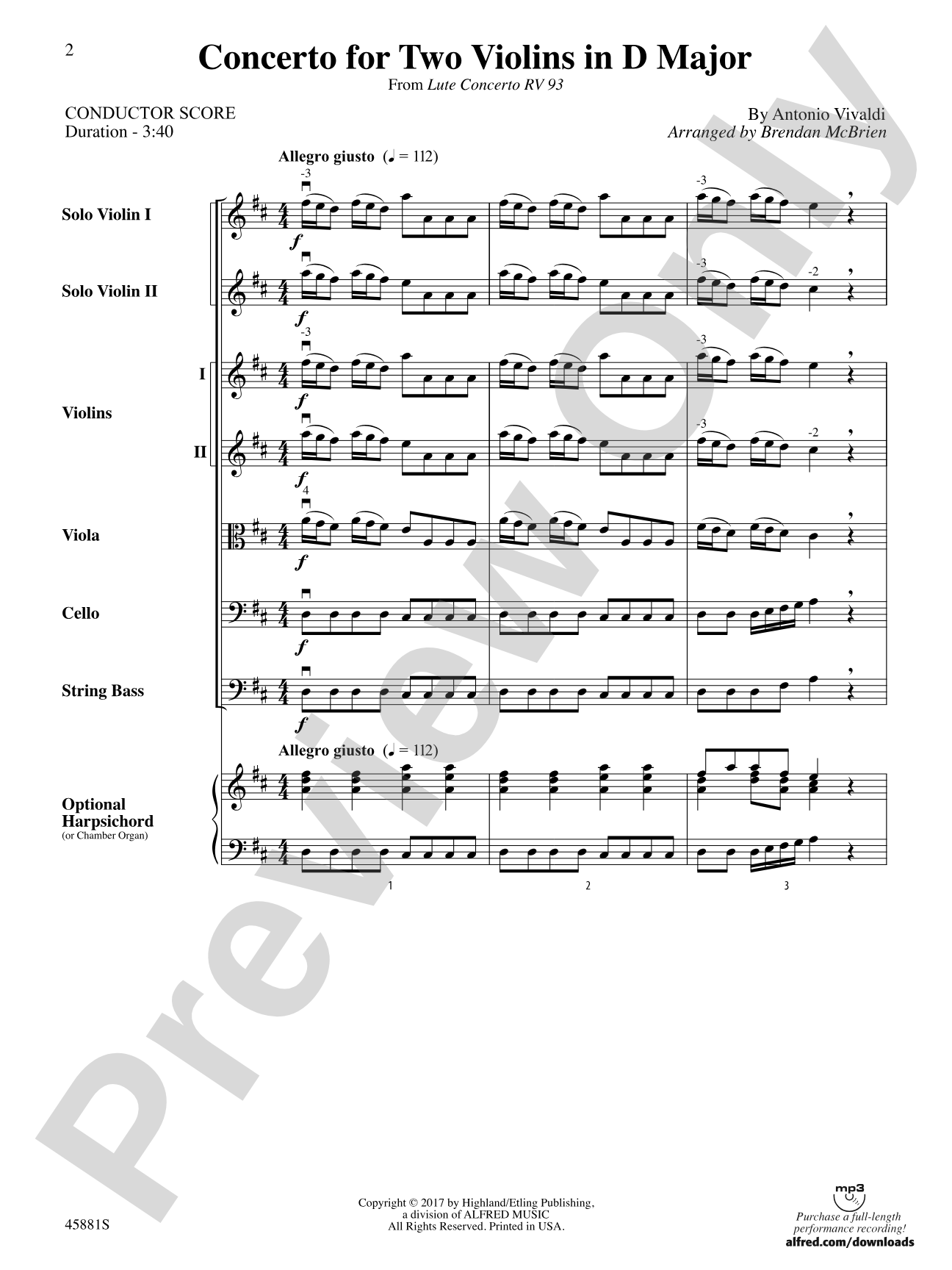 Concerto for Two Violins in D Major: String Orchestra Conductor Score & Parts