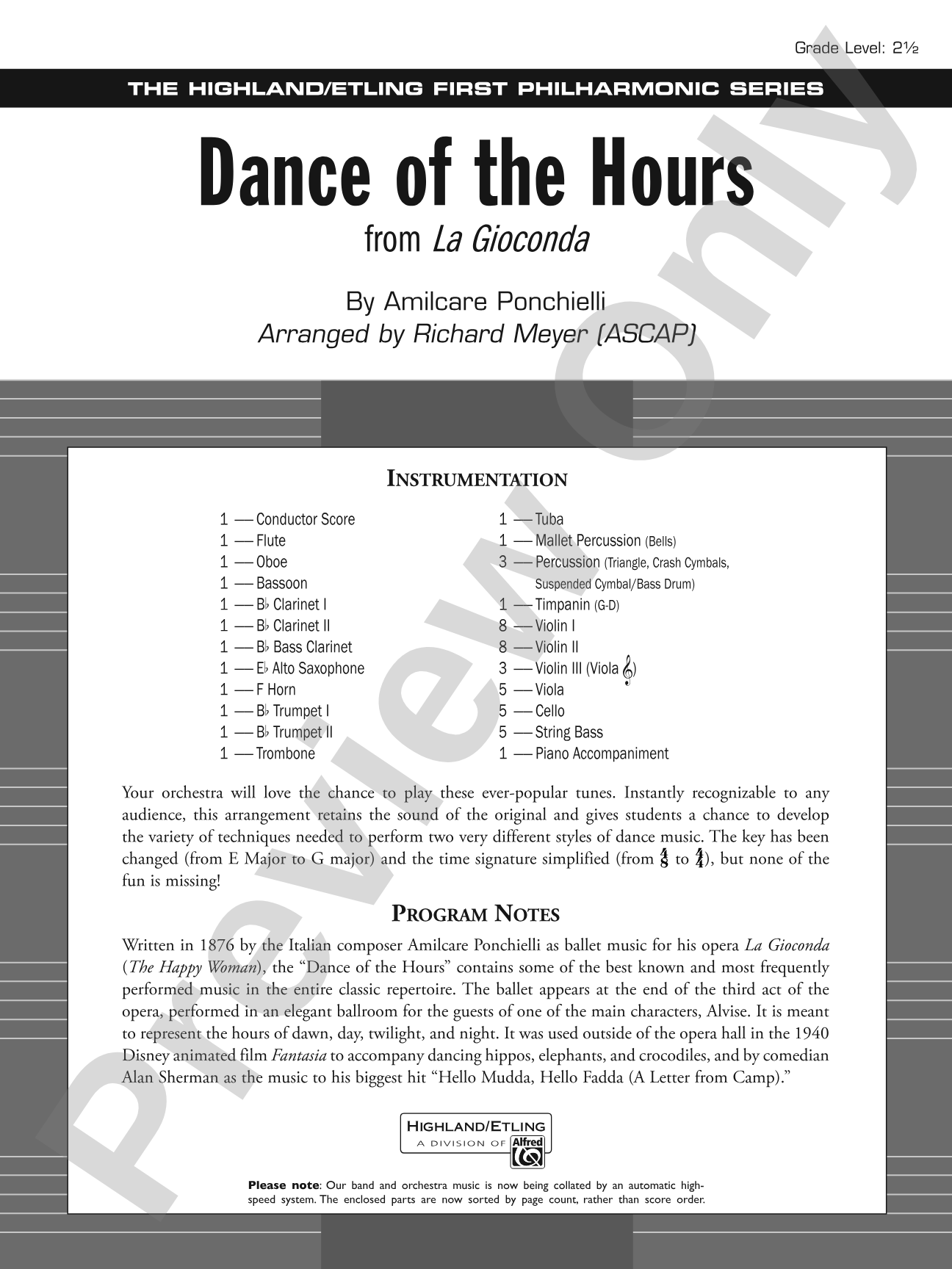Dance of the Hours: Full Orchestra Conductor Score & Parts