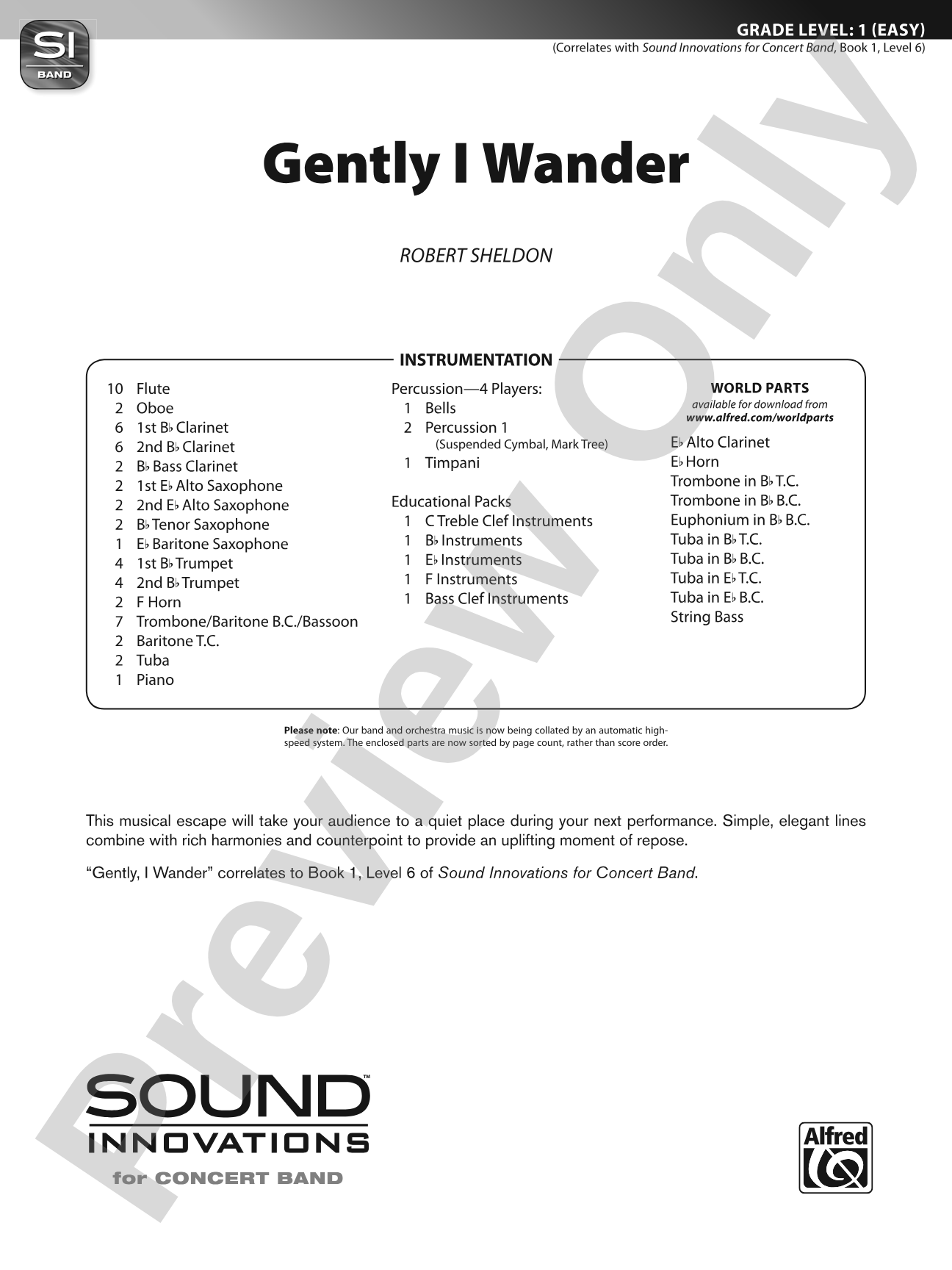 Gently, I Wander: Concert Band Conductor Score & Parts