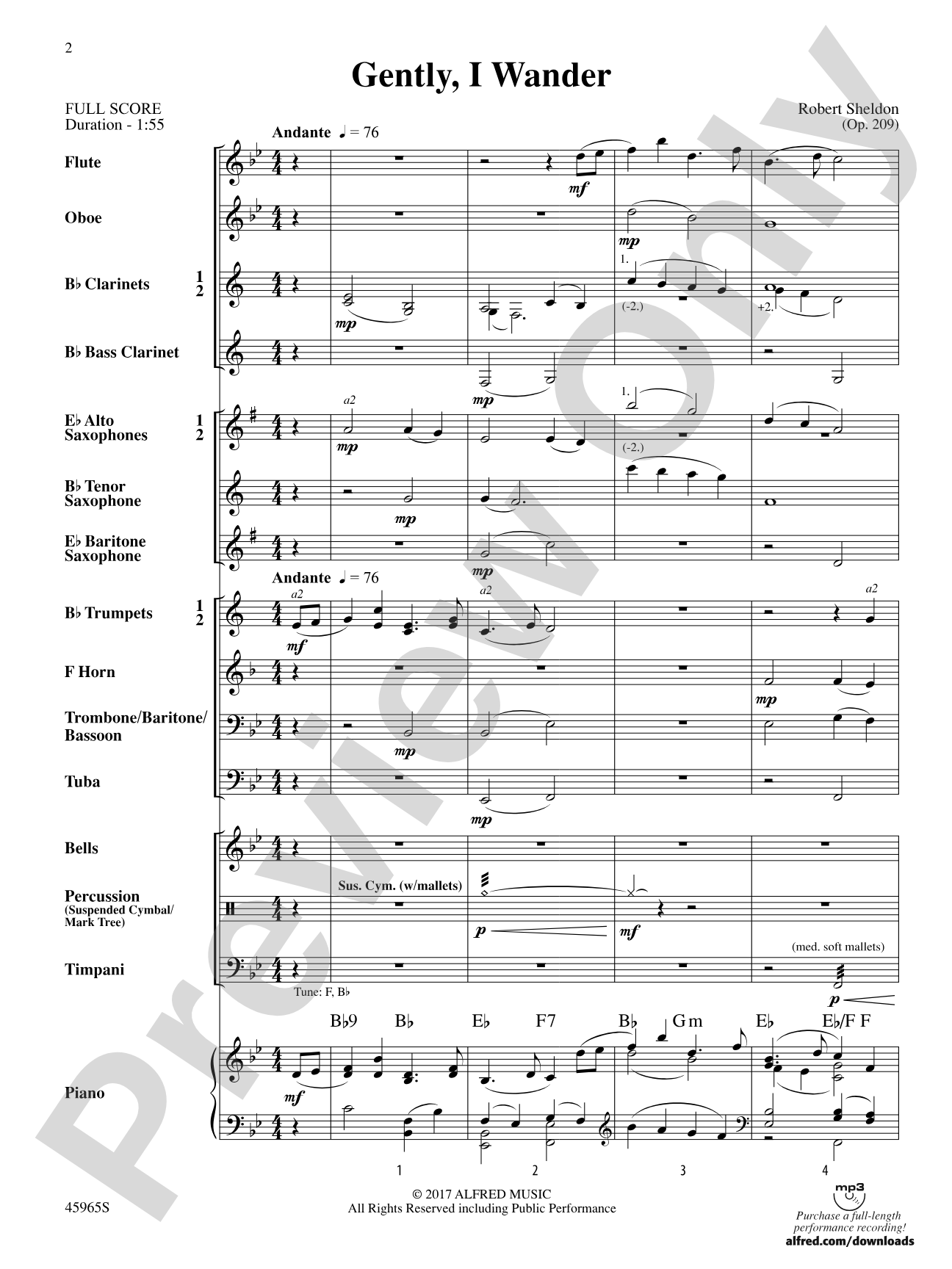 Gently, I Wander: Concert Band Conductor Score & Parts