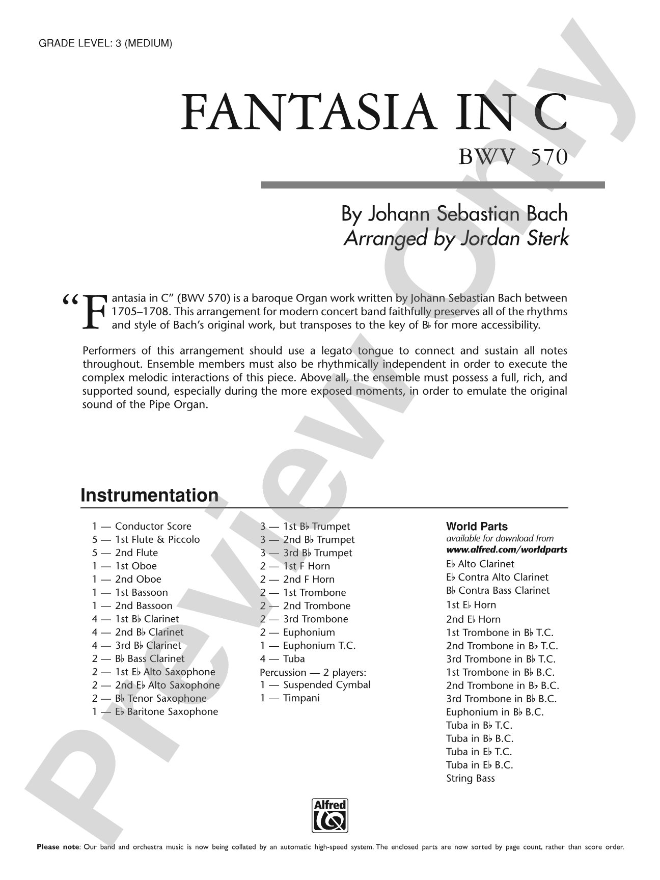 Fantasia in C: Concert Band Conductor Score & Parts