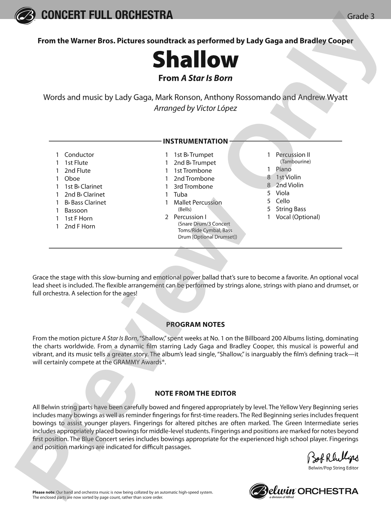 Shallow (from A Star Is Born): Full Orchestra Conductor Score & Parts