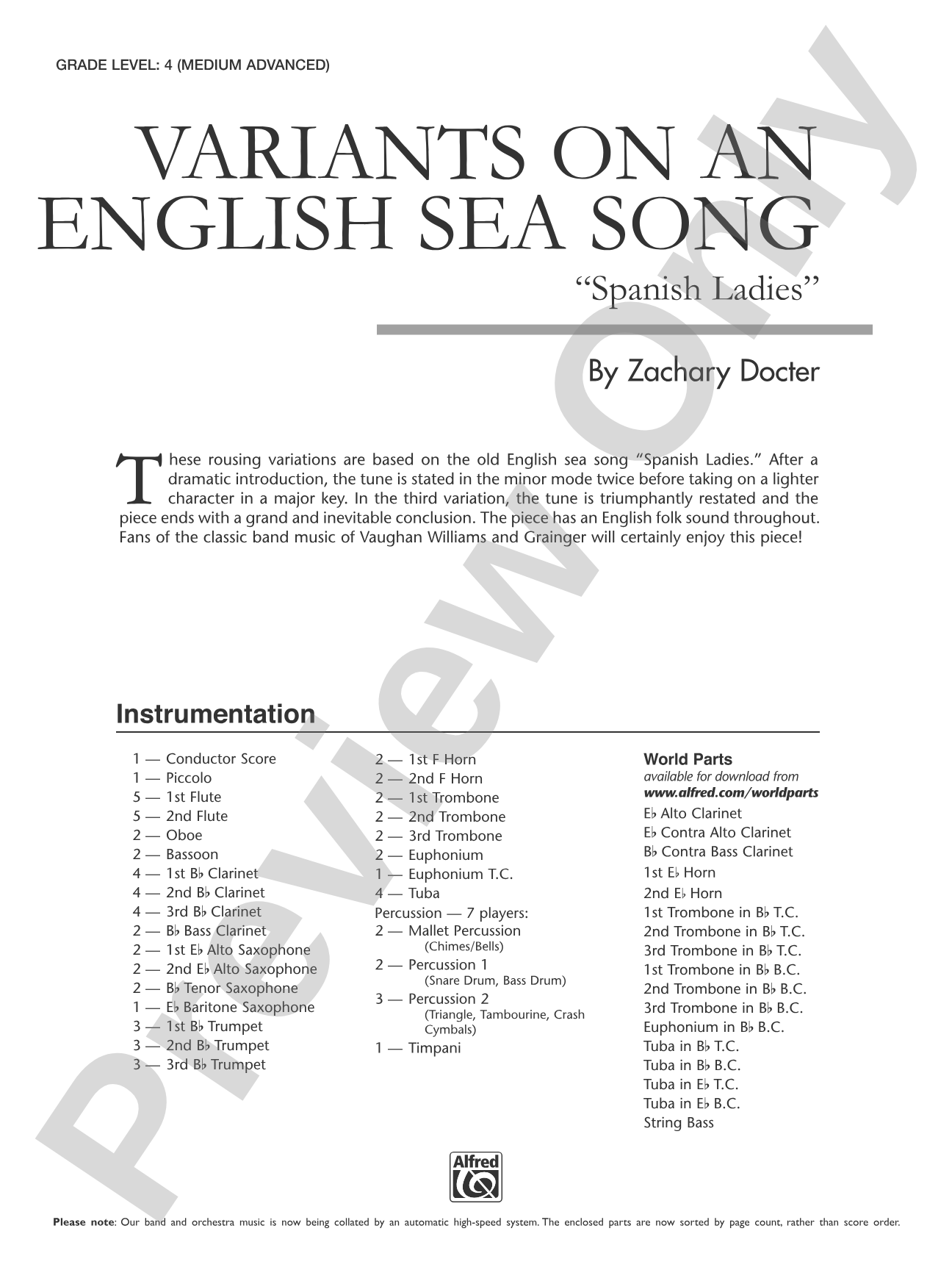 Variants on an English Sea Song: Concert Band Conductor Score & Parts