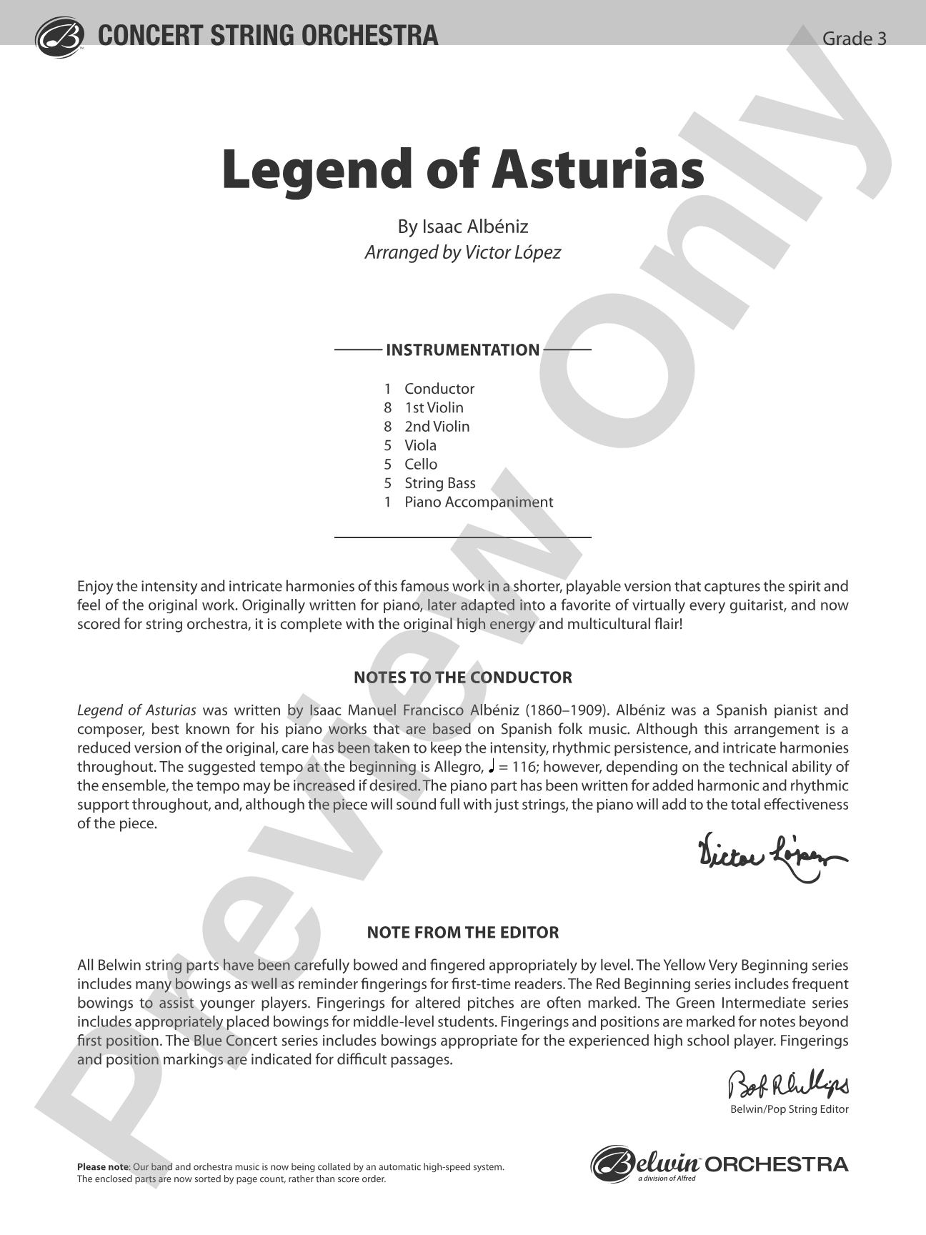 Legend of Asturias: String Orchestra Conductor Score & Parts