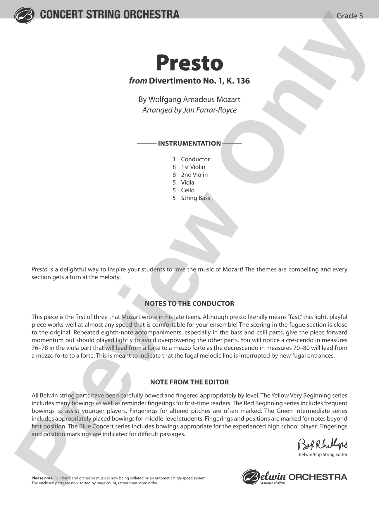Presto: String Orchestra Conductor Score & Parts
