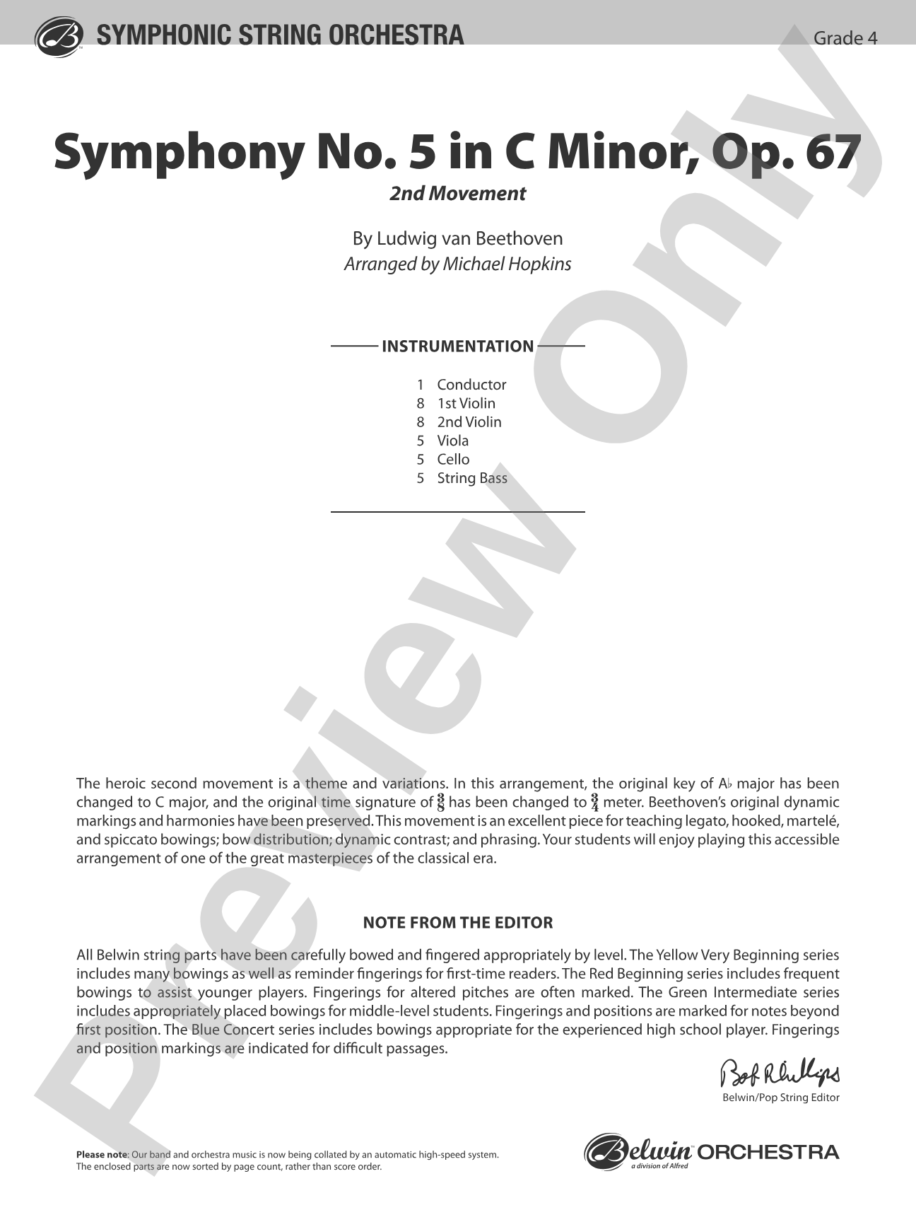 Symphony No. 5 in C Minor, Op. 67: String Orchestra Conductor Score & Parts