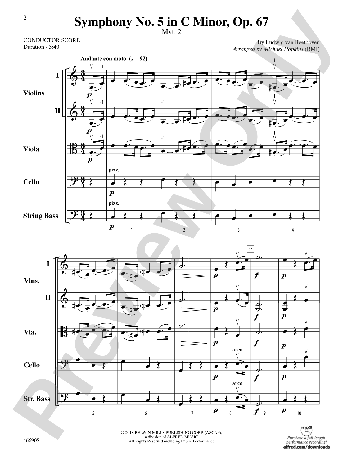 Symphony No. 5 in C Minor, Op. 67: String Orchestra Conductor Score & Parts