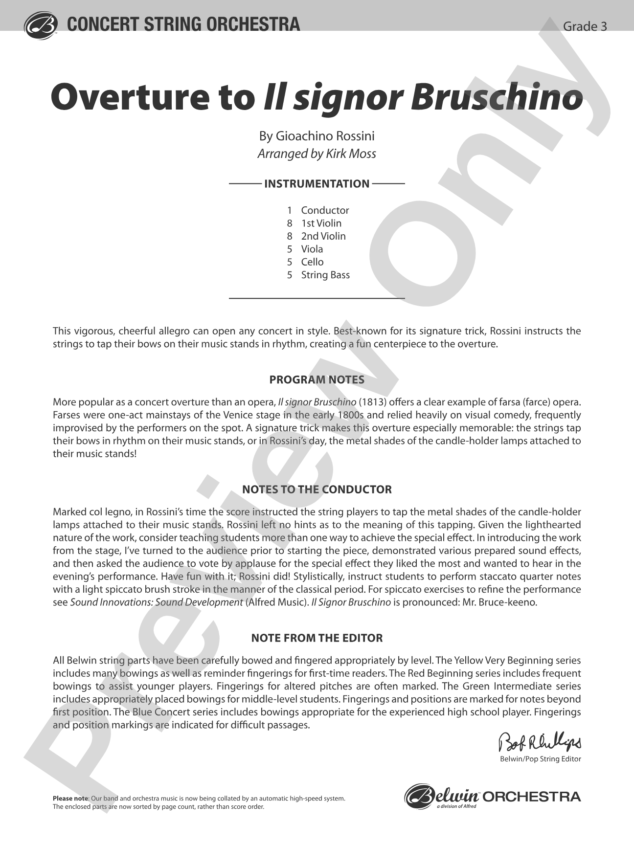 Overture to Il signor Bruschino: String Orchestra Conductor Score & Parts