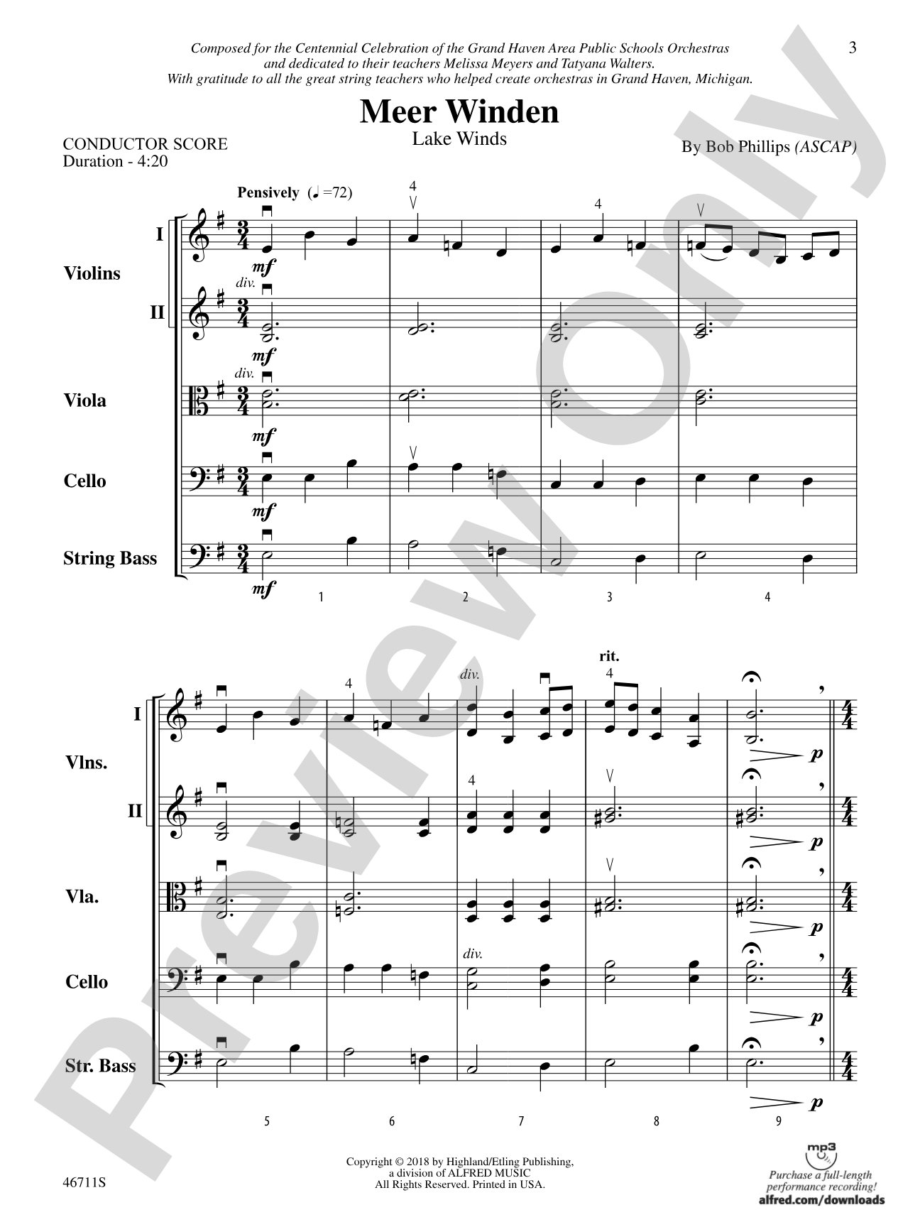 Meer Winden: String Orchestra Conductor Score & Parts