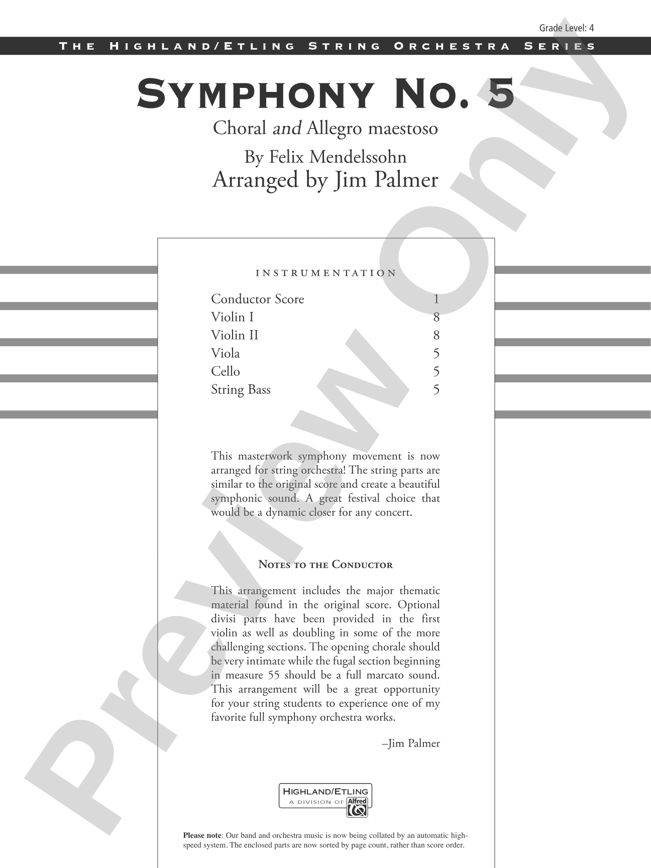 Symphony No. 5: String Orchestra Conductor Score & Parts