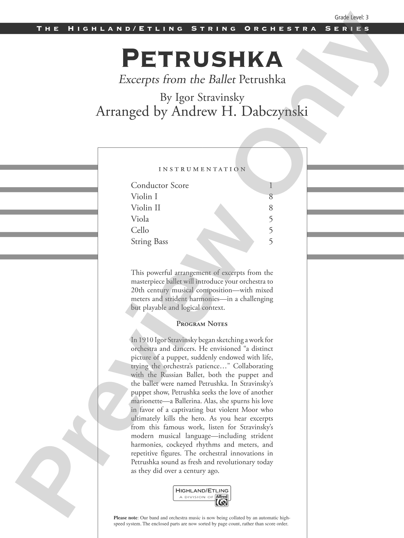 Petrushka: String Orchestra Conductor Score & Parts