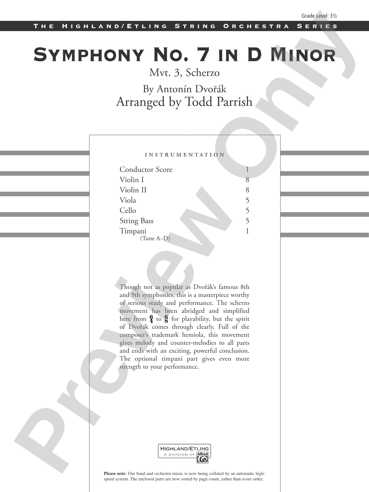 Symphony No. 7 in D Minor: String Orchestra Conductor Score & Parts