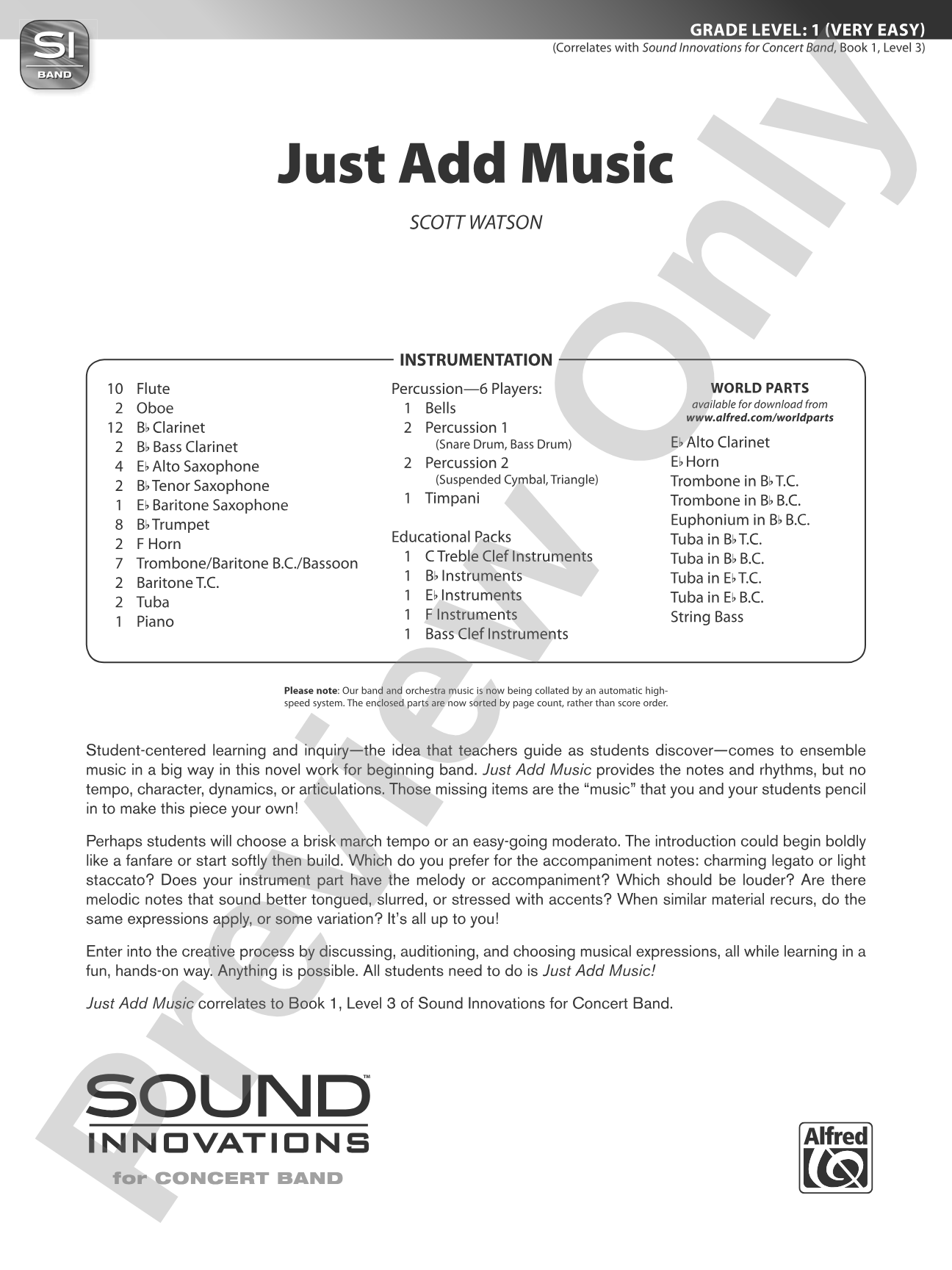 Just Add Music: Concert Band Conductor Score & Parts