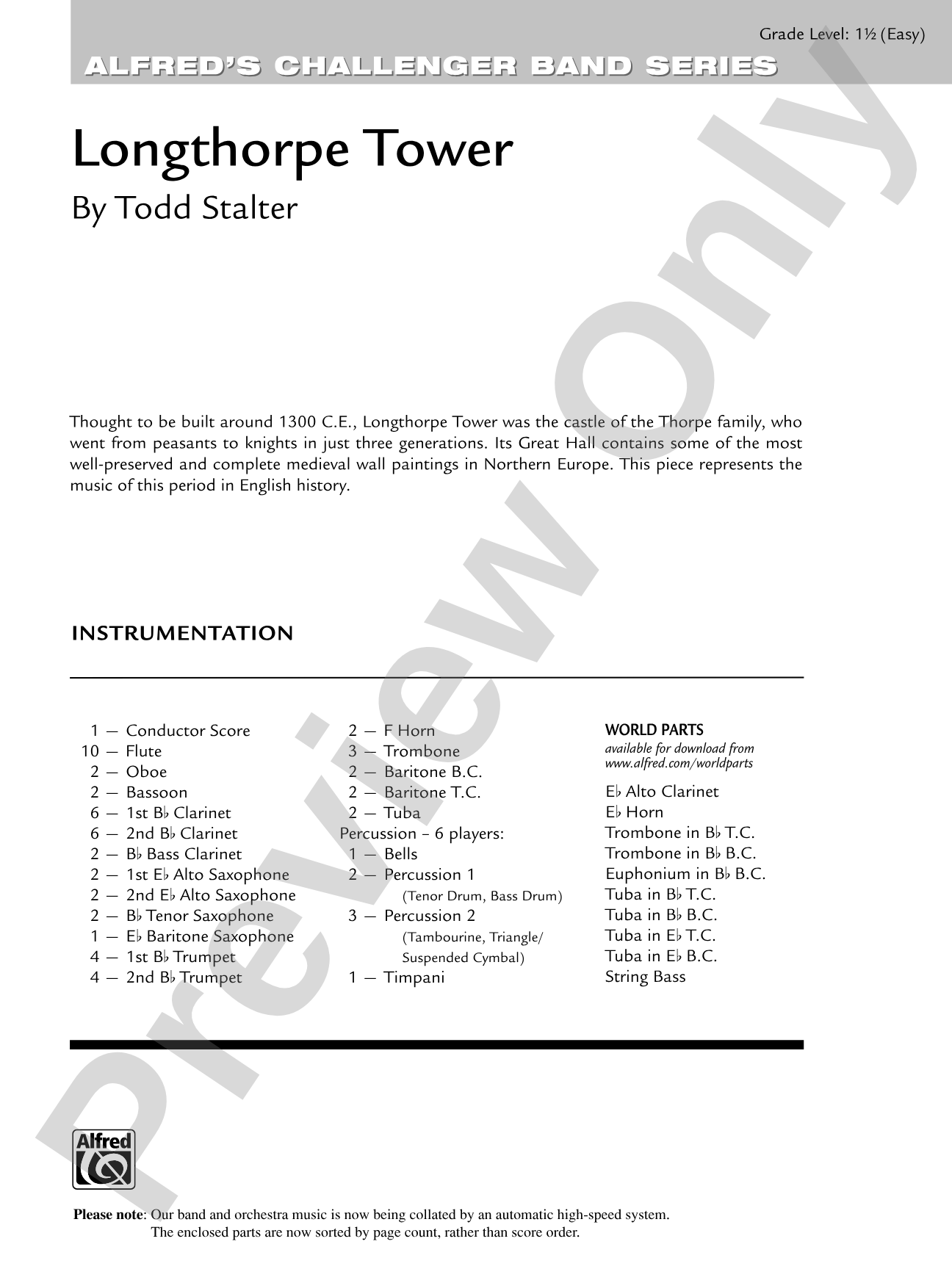 Longthorpe Tower: Concert Band Conductor Score & Parts