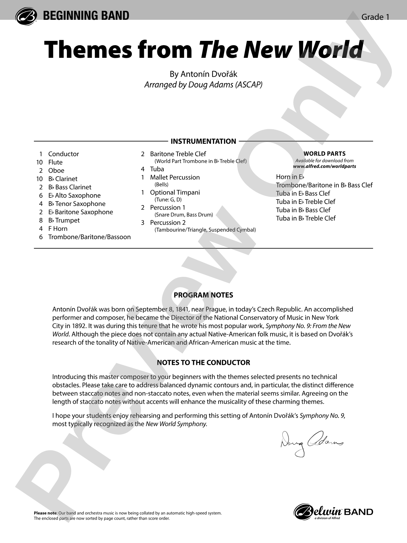 Themes from The New World: Concert Band Conductor Score & Parts