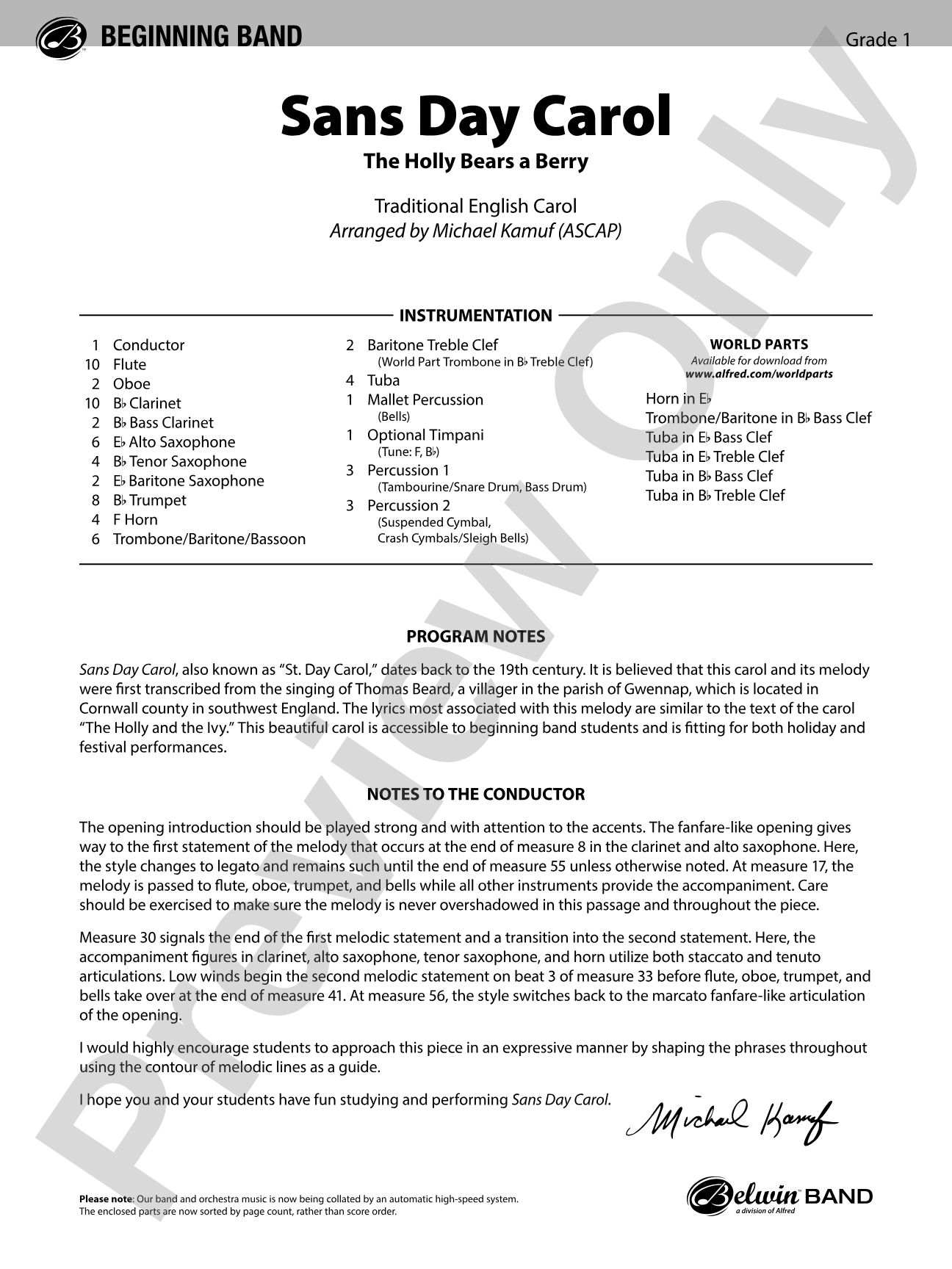 Sans Day Carol: Concert Band Conductor Score & Parts