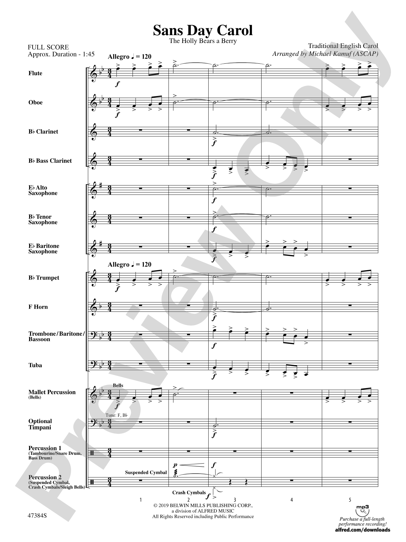 Sans Day Carol: Concert Band Conductor Score & Parts