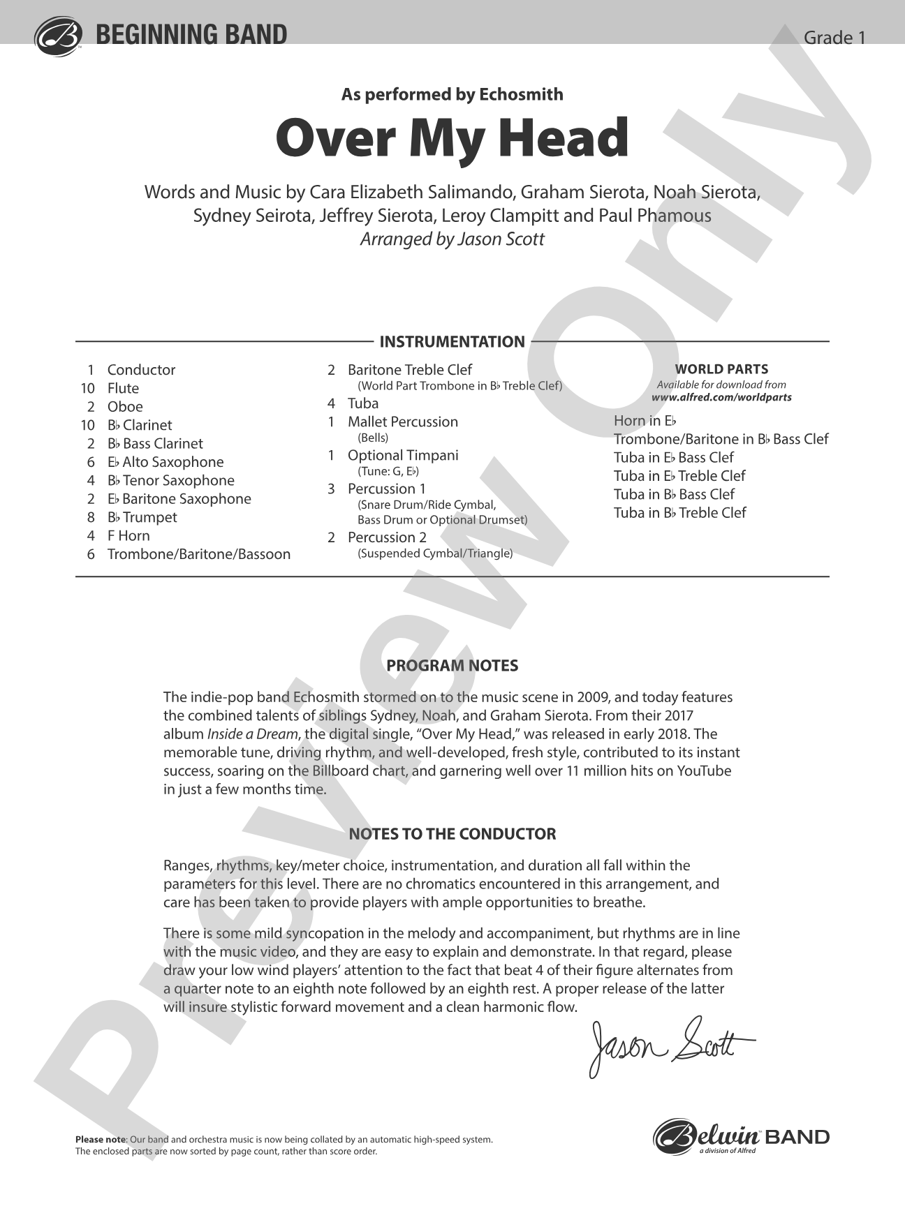 Over My Head: Concert Band Conductor Score & Parts