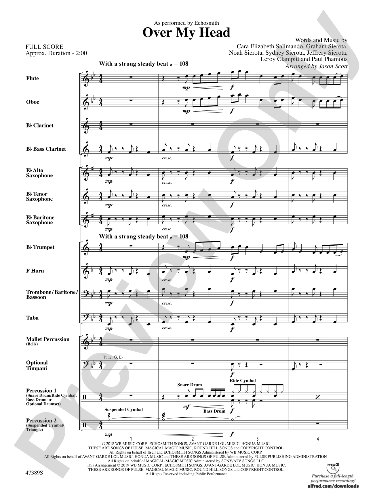 Over My Head: Concert Band Conductor Score & Parts