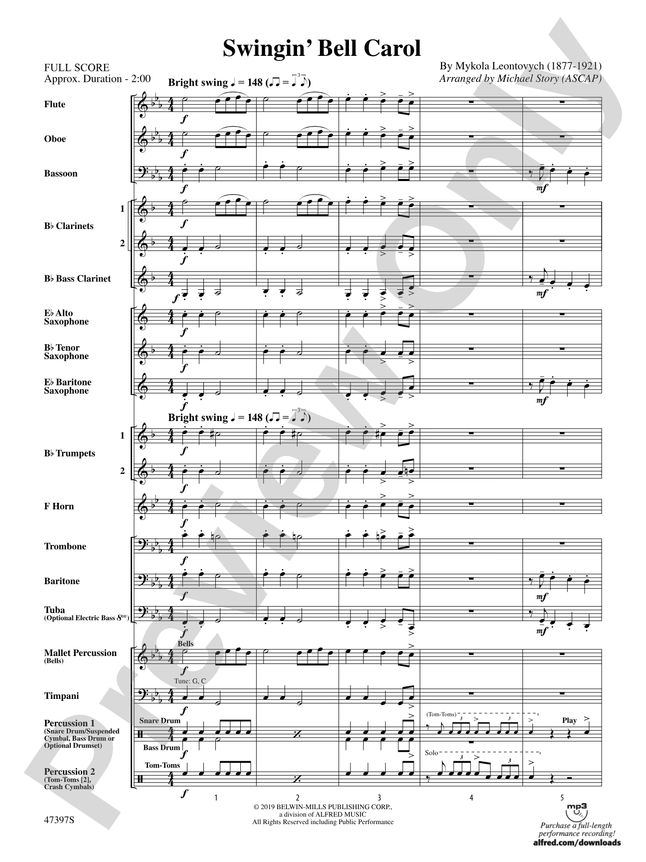 Swingin' Bell Carol: Concert Band Conductor Score & Parts