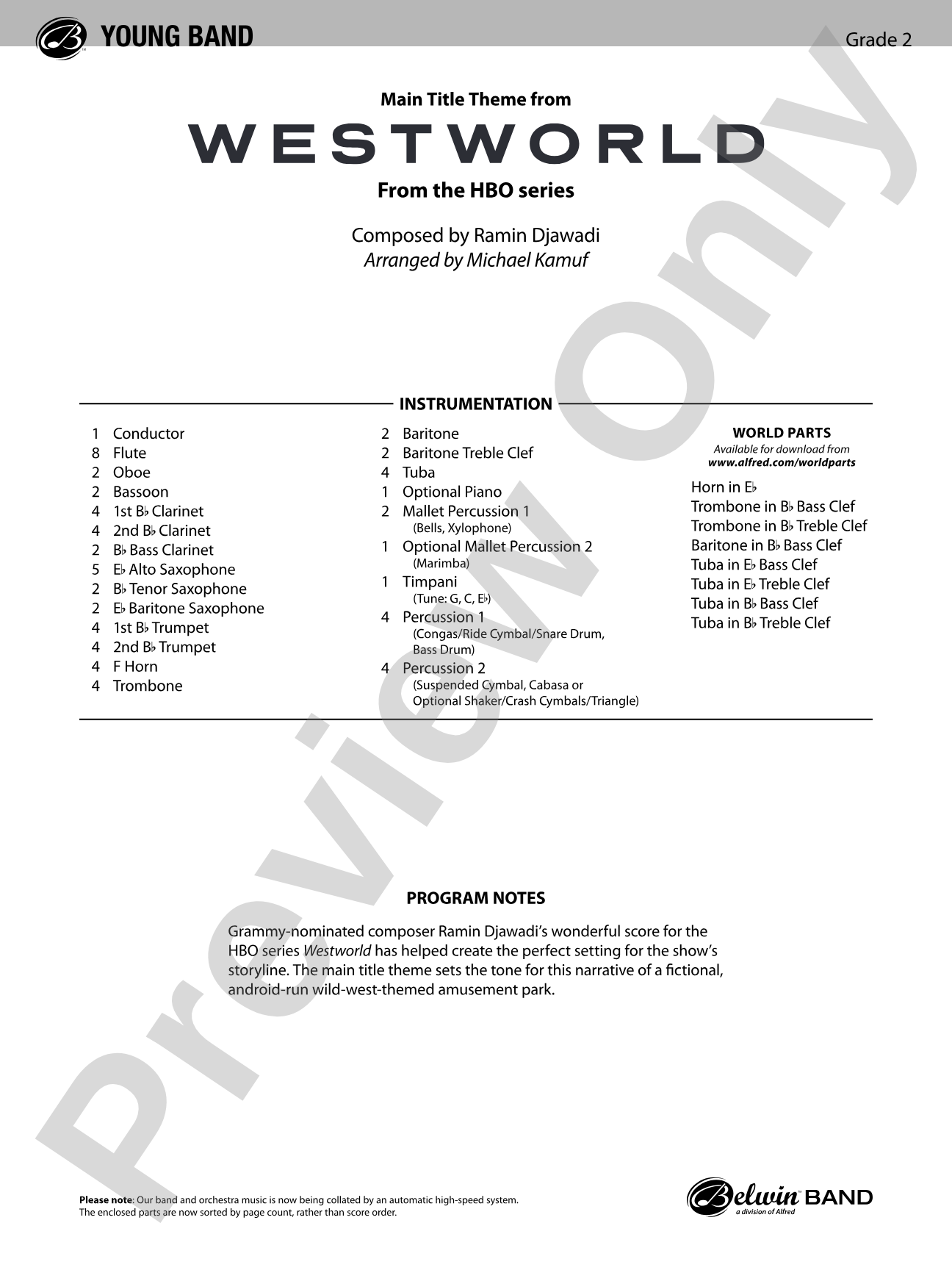 Main Title Theme from Westworld: Concert Band Conductor Score & Parts