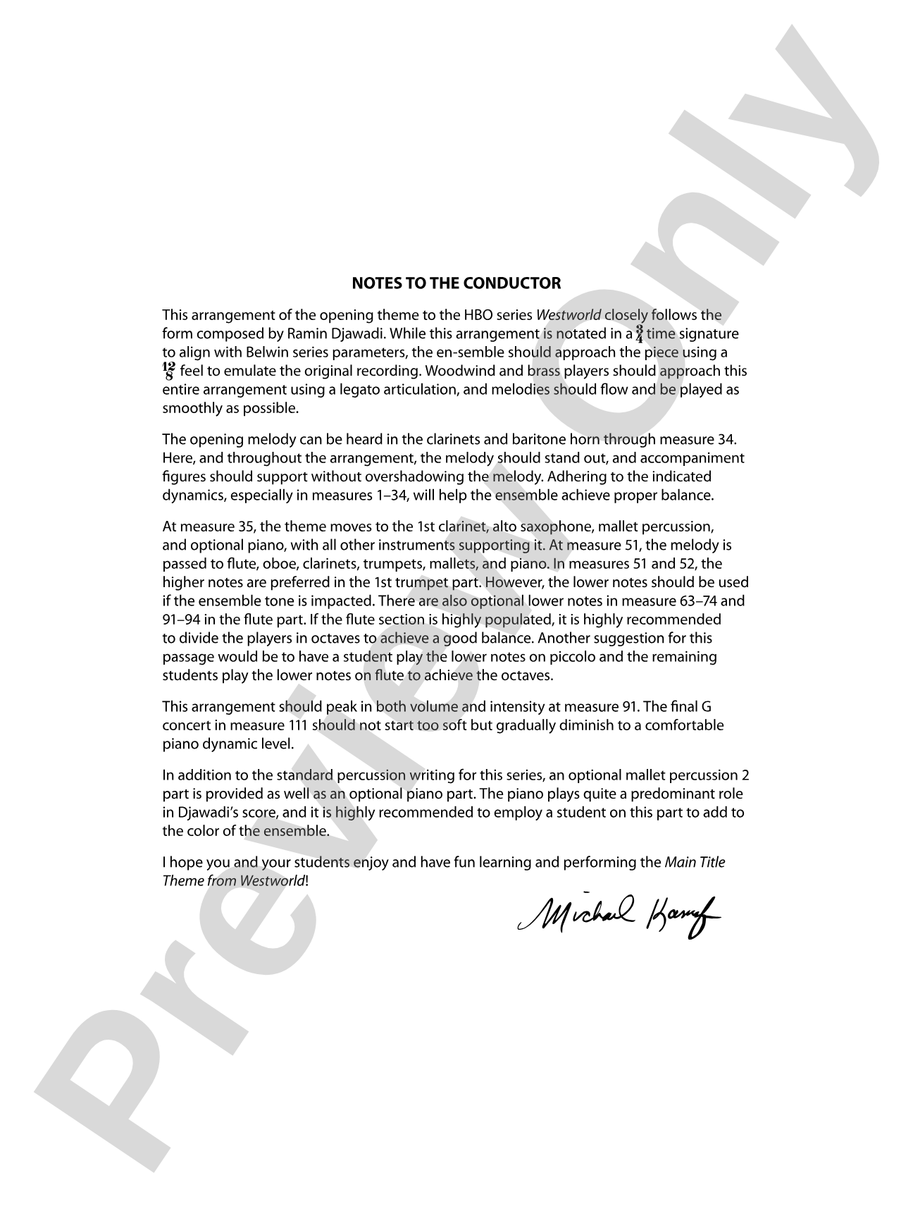 Main Title Theme from Westworld: Concert Band Conductor Score & Parts