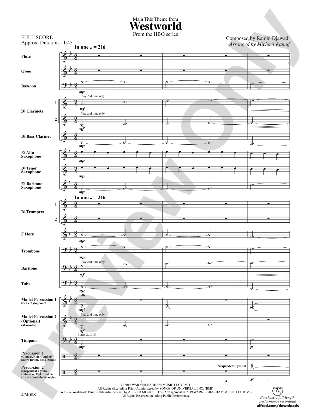 Main Title Theme from Westworld: Concert Band Conductor Score & Parts