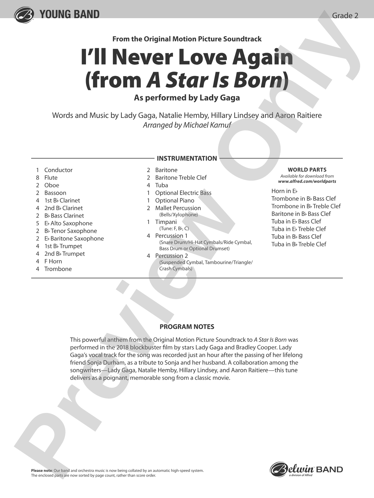 I'll Never Love Again (from A Star Is Born): Concert Band Conductor Score & Parts