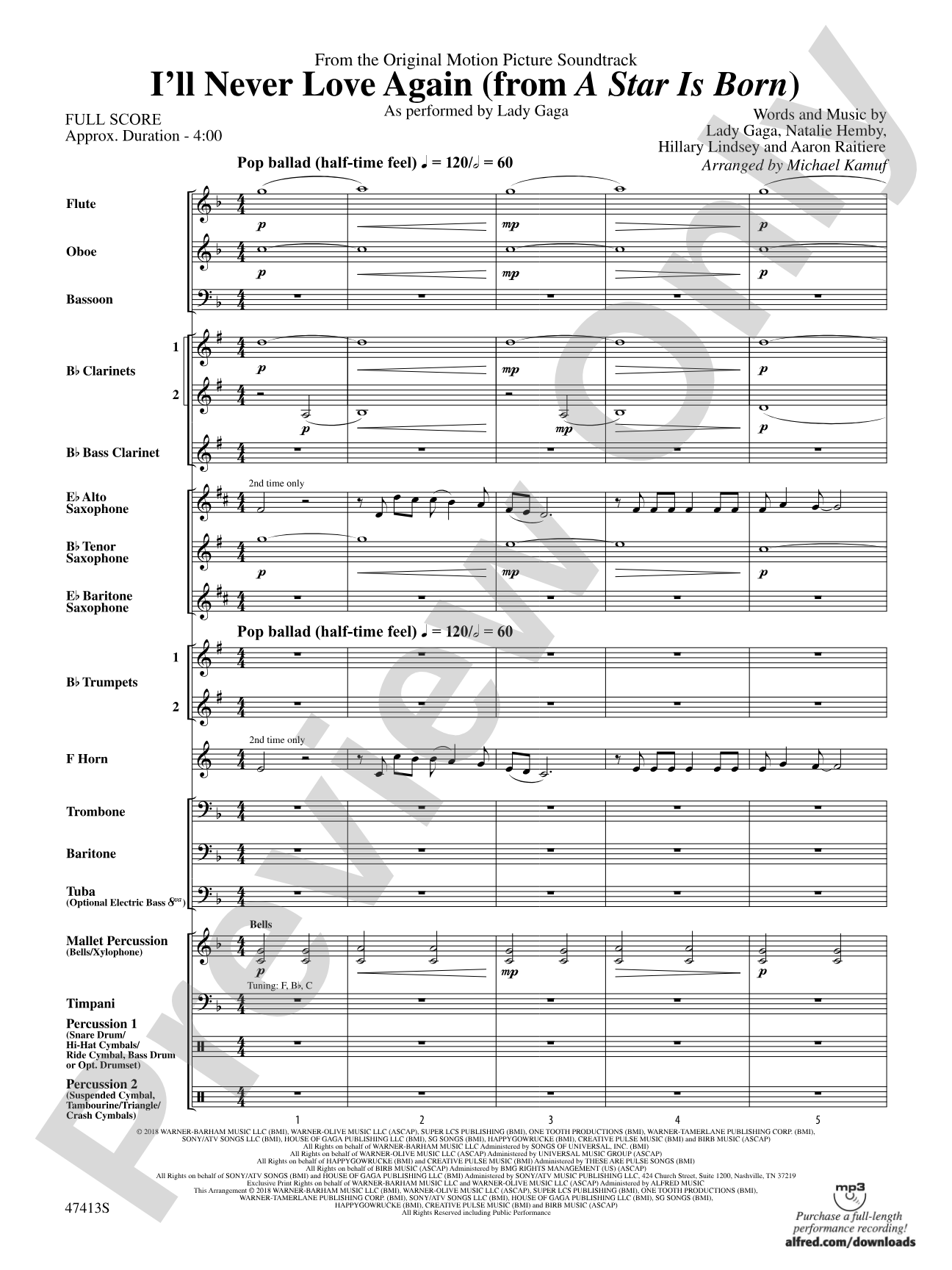 I'll Never Love Again (from A Star Is Born): Concert Band Conductor Score & Parts