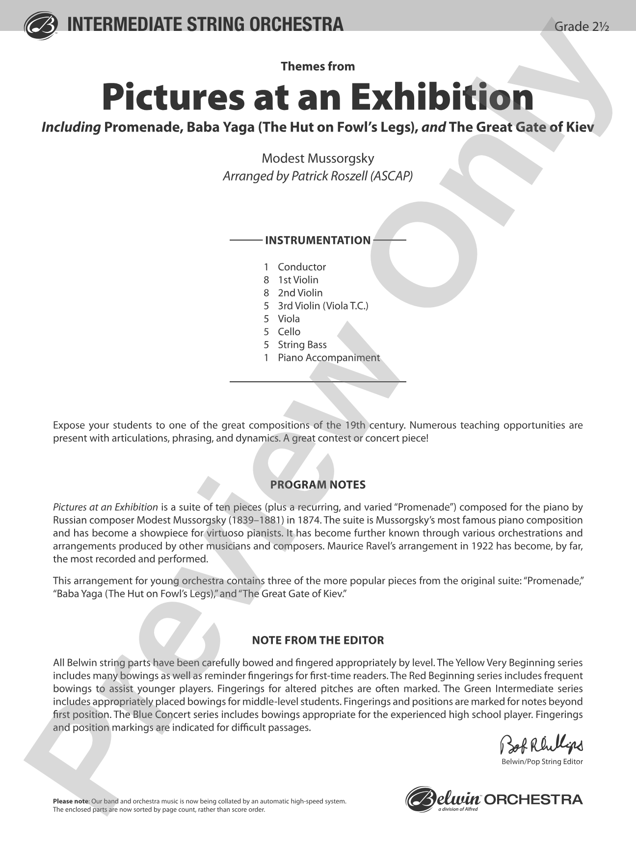 Themes from Pictures at an Exhibition: String Orchestra Conductor Score & Parts
