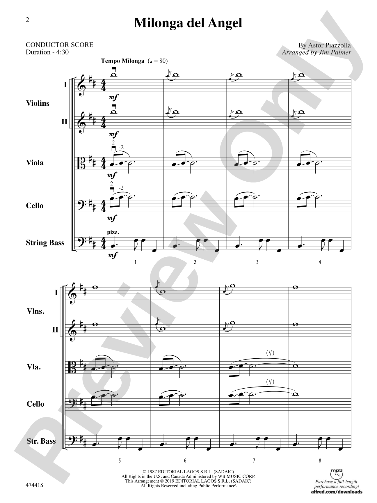 Milonga del Angel: String Orchestra Conductor Score & Parts