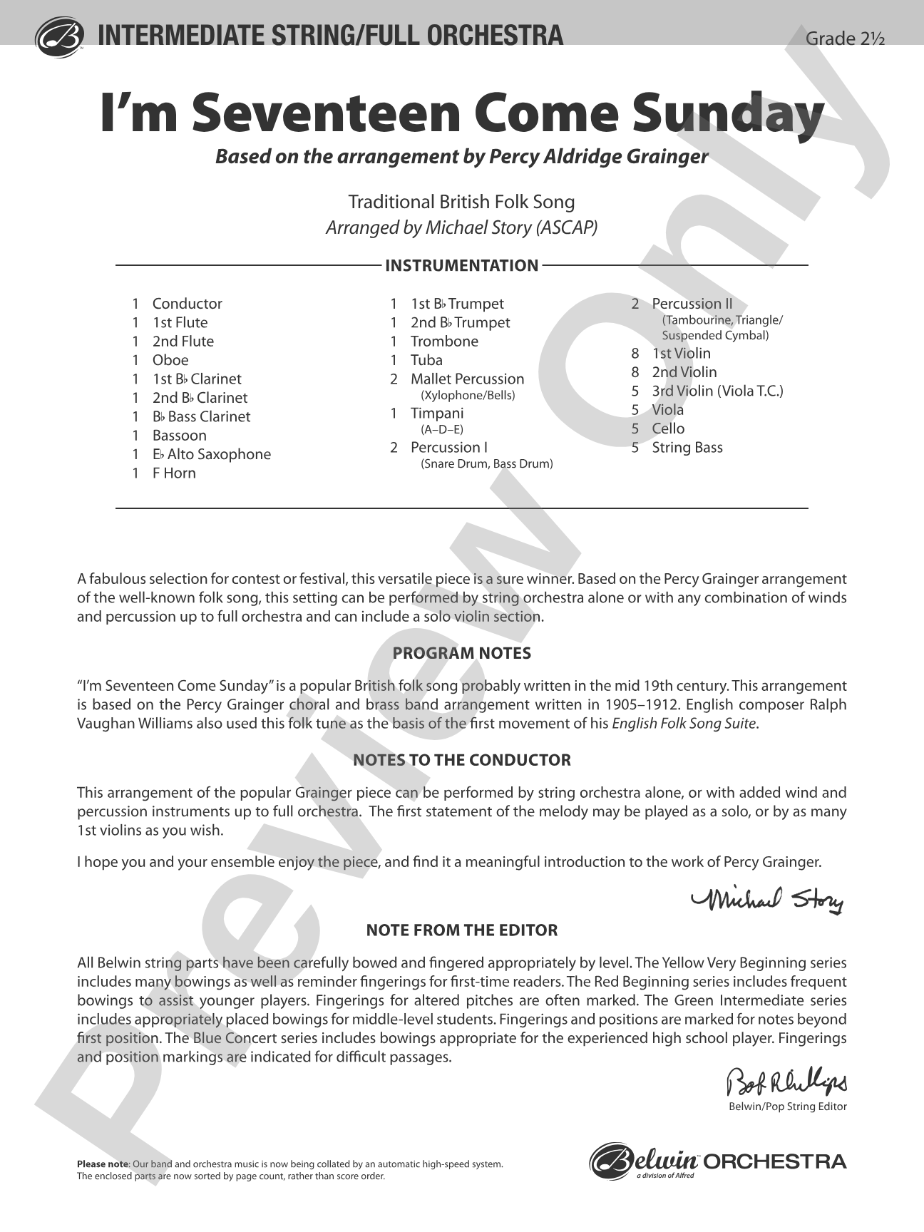 I'm Seventeen Come Sunday: Full Orchestra Conductor Score & Parts