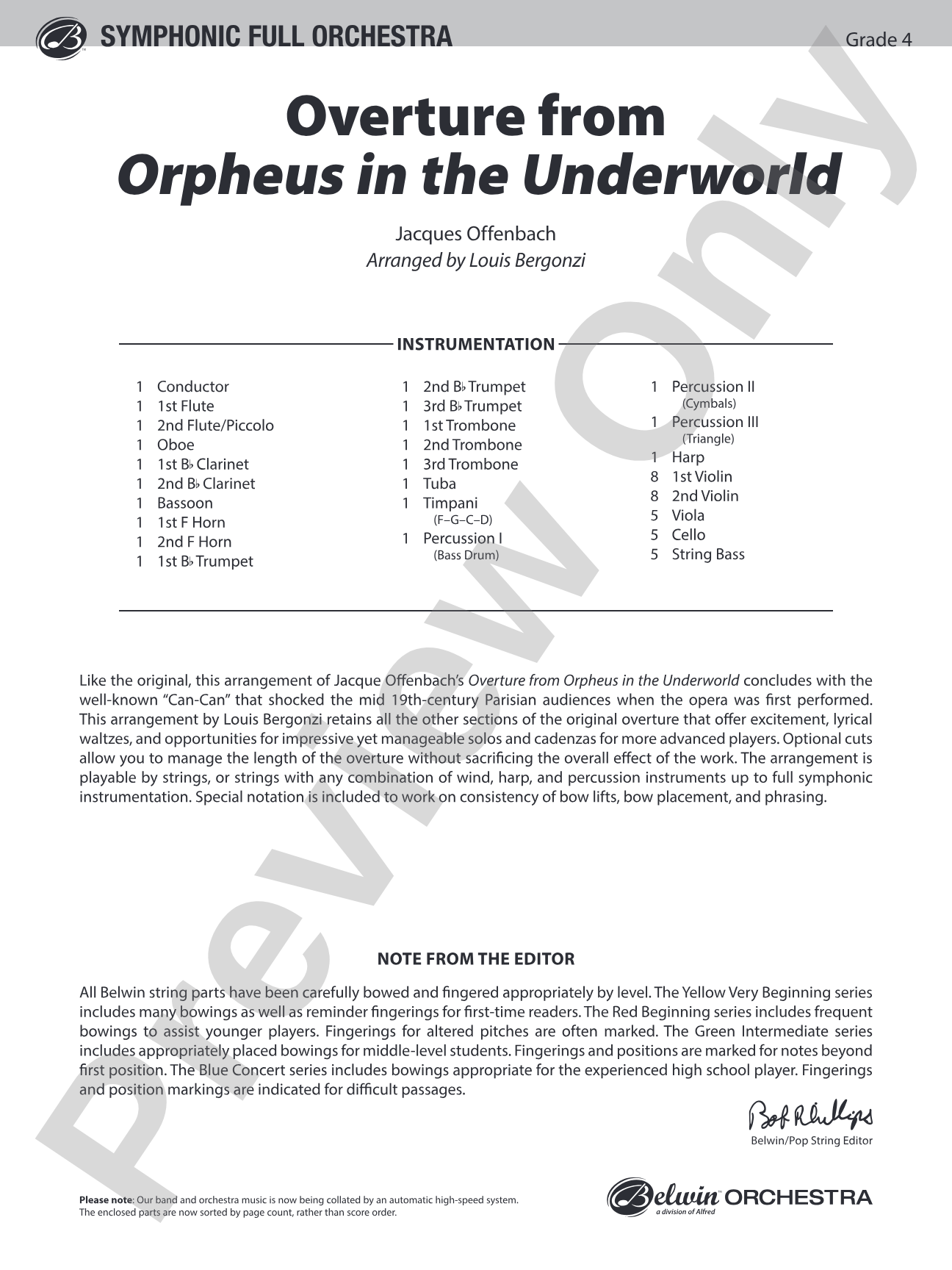 Overture from Orpheus in the Underworld: Full Orchestra Conductor Score & Parts