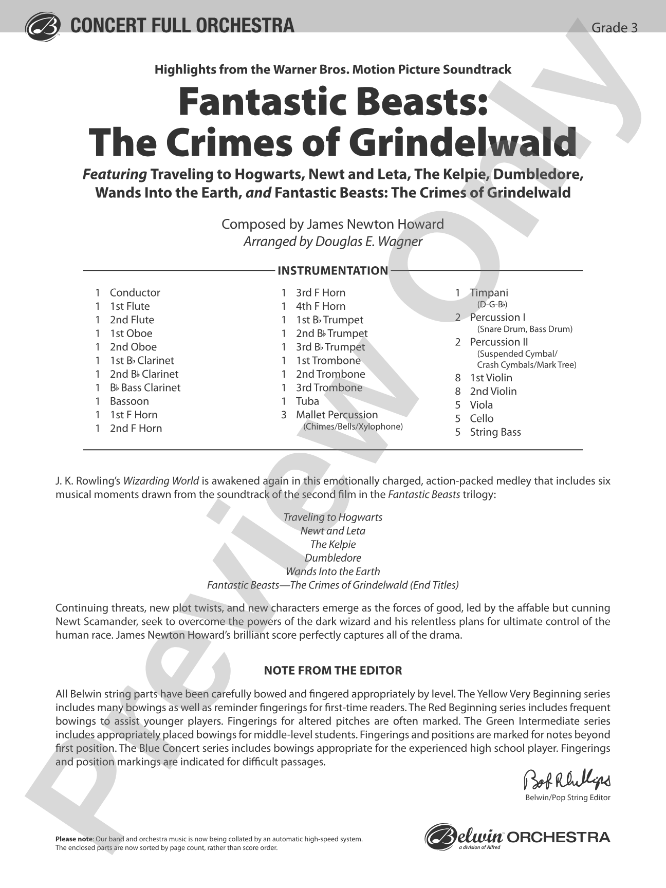 Fantastic Beasts: The Crimes of Grindelwald: Full Orchestra Conductor Score & Parts