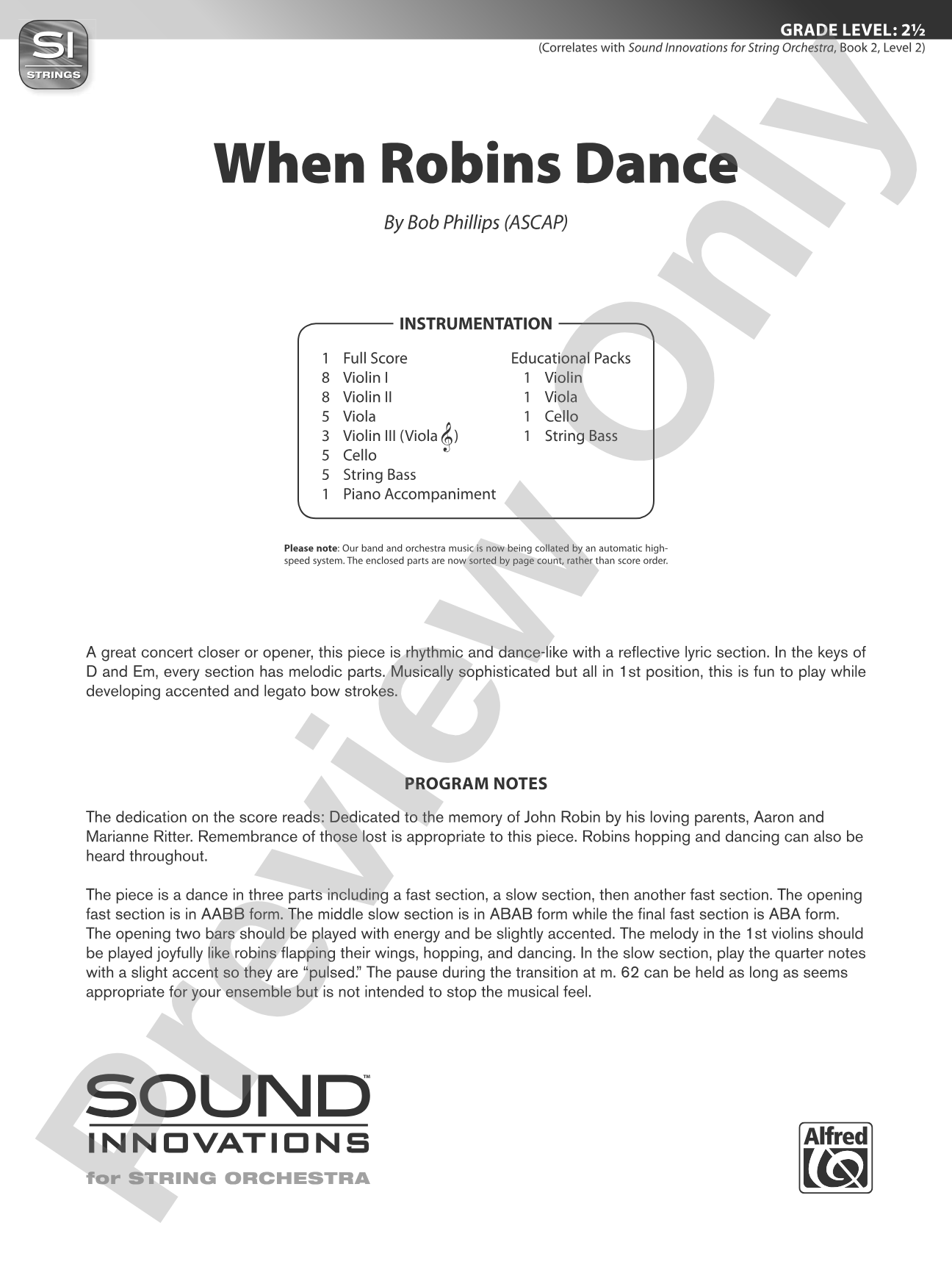 When Robins Dance: String Orchestra Conductor Score & Parts