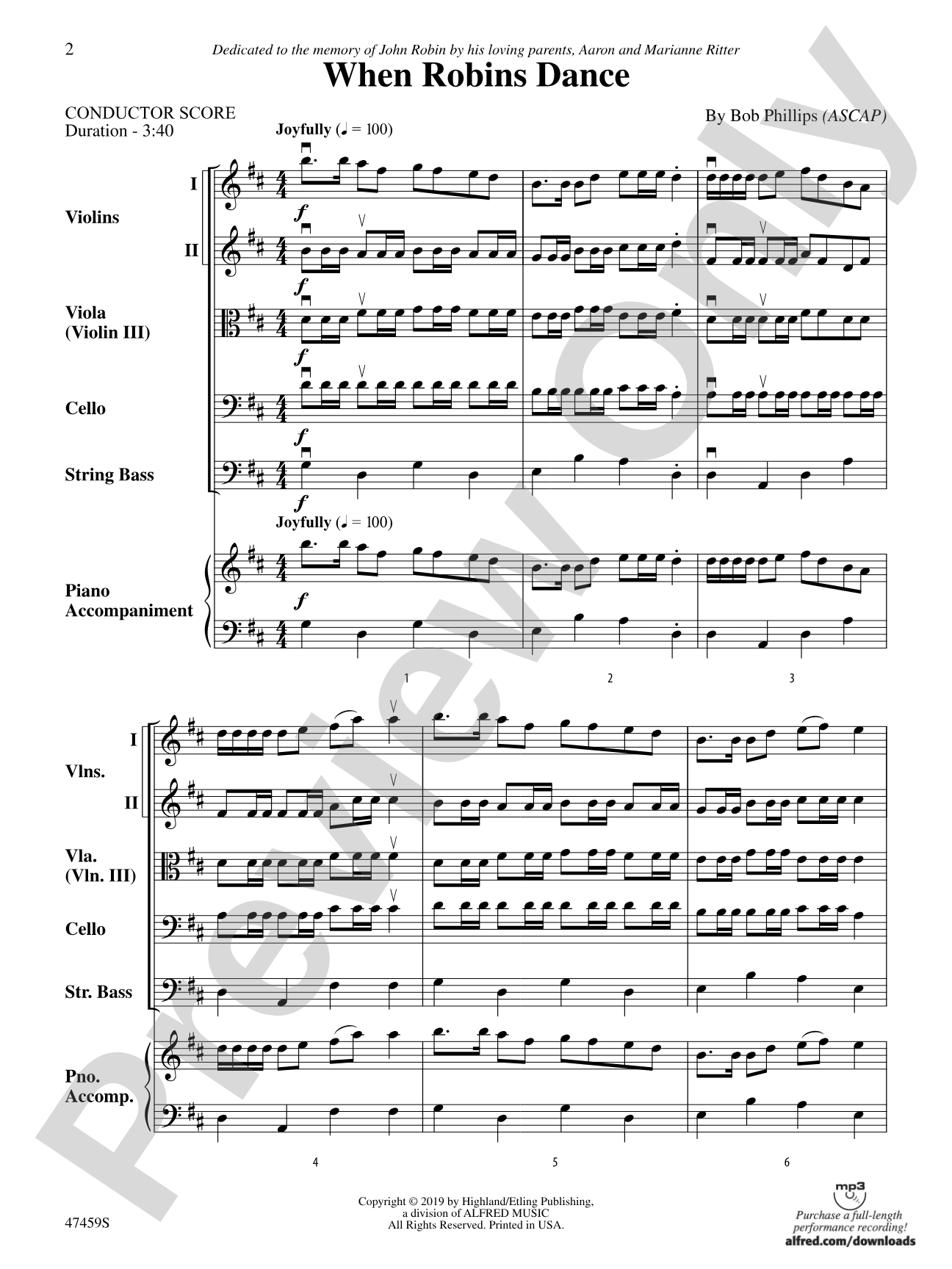 When Robins Dance: String Orchestra Conductor Score & Parts