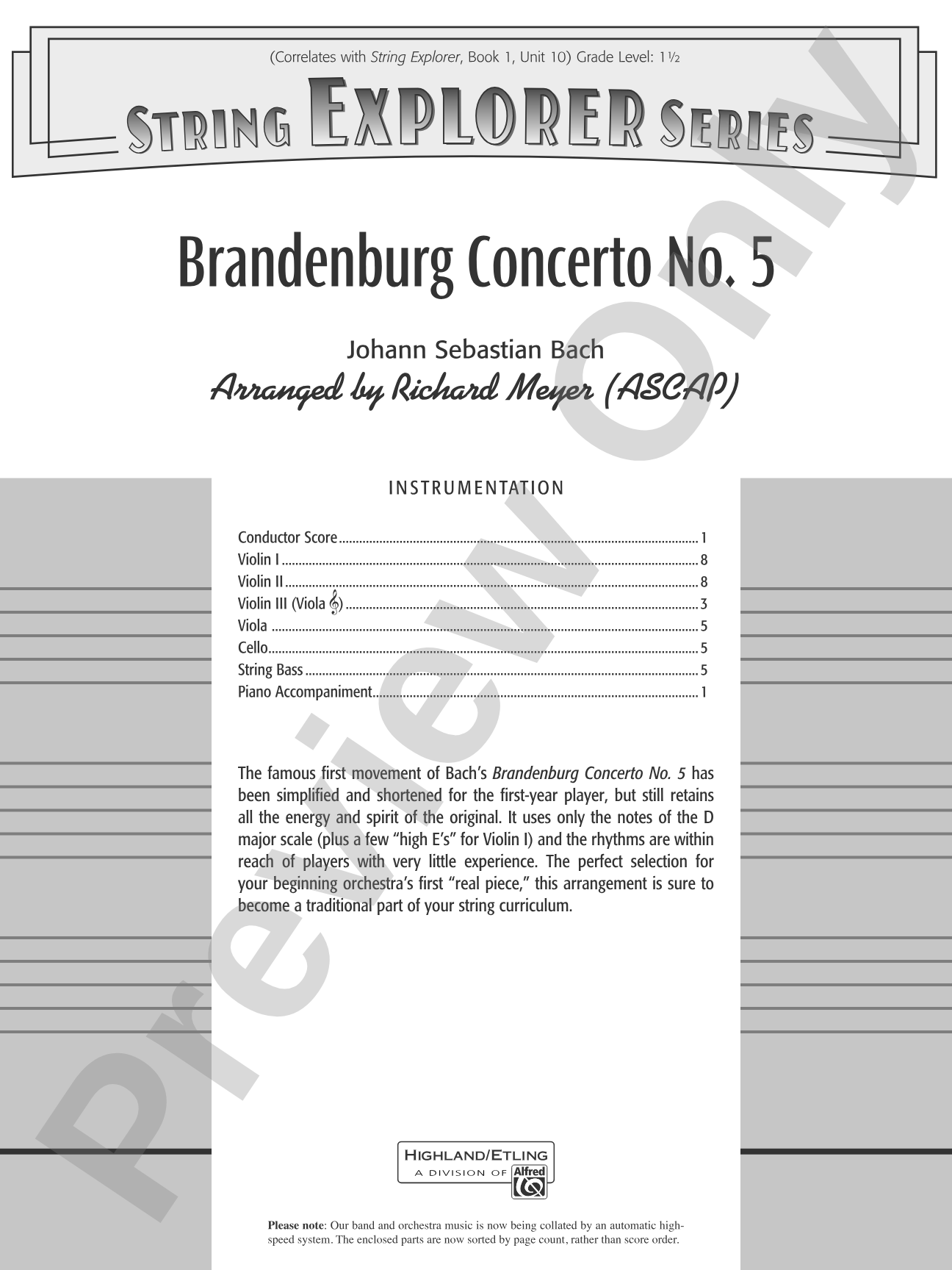 Brandenburg Concerto No. 5: String Orchestra Conductor Score & Parts
