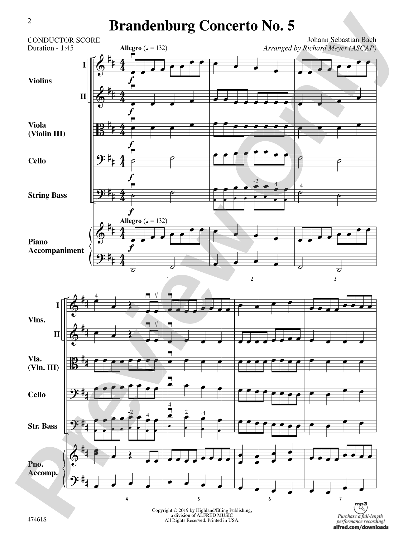 Brandenburg Concerto No. 5: String Orchestra Conductor Score & Parts